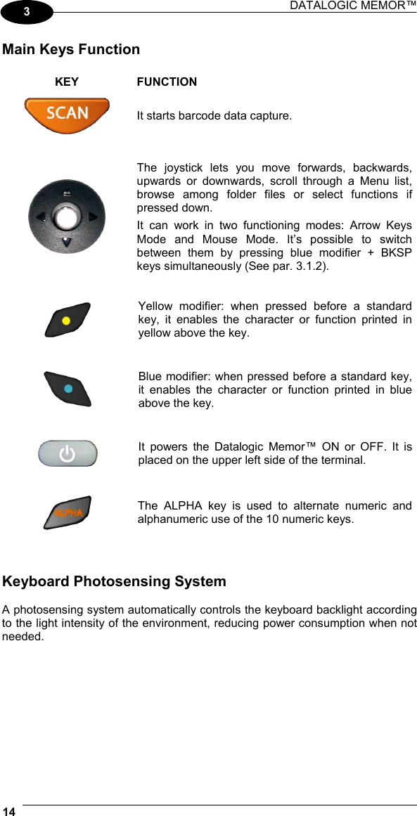 DATALOGIC MEMOR™  14   3 Main Keys Function  KEY FUNCTION  It starts barcode data capture.    The joystick lets you move forwards, backwards, upwards or downwards, scroll through a Menu list, browse among folder files or select functions if pressed down. It can work in two functioning modes: Arrow Keys Mode and Mouse Mode. It’s possible to switch between them by pressing blue modifier + BKSP keys simultaneously (See par. 3.1.2).    Yellow modifier: when pressed before a standard key, it enables the character or function printed in yellow above the key.    Blue modifier: when pressed before a standard key, it enables the character or function printed in blue above the key.    It powers the Datalogic Memor™ ON or OFF. It is placed on the upper left side of the terminal.    The ALPHA key is used to alternate numeric and alphanumeric use of the 10 numeric keys.    Keyboard Photosensing System  A photosensing system automatically controls the keyboard backlight according to the light intensity of the environment, reducing power consumption when not needed.  