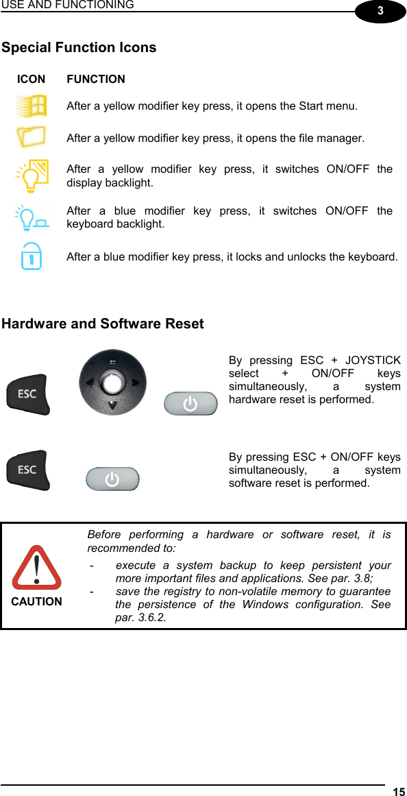 USE AND FUNCTIONING 15  3 Special Function Icons  ICON FUNCTION  After a yellow modifier key press, it opens the Start menu.  After a yellow modifier key press, it opens the file manager.  After a yellow modifier key press, it switches ON/OFF the display backlight.  After a blue modifier key press, it switches ON/OFF the keyboard backlight.   After a blue modifier key press, it locks and unlocks the keyboard.    Hardware and Software Reset     By pressing ESC + JOYSTICK select + ON/OFF keys simultaneously, a system hardware reset is performed.      By pressing ESC + ON/OFF keys simultaneously, a system software reset is performed.    CAUTION Before performing a hardware or software reset, it is recommended to: -  execute a system backup to keep persistent your more important files and applications. See par. 3.8; -  save the registry to non-volatile memory to guarantee the persistence of the Windows configuration. See par. 3.6.2.  