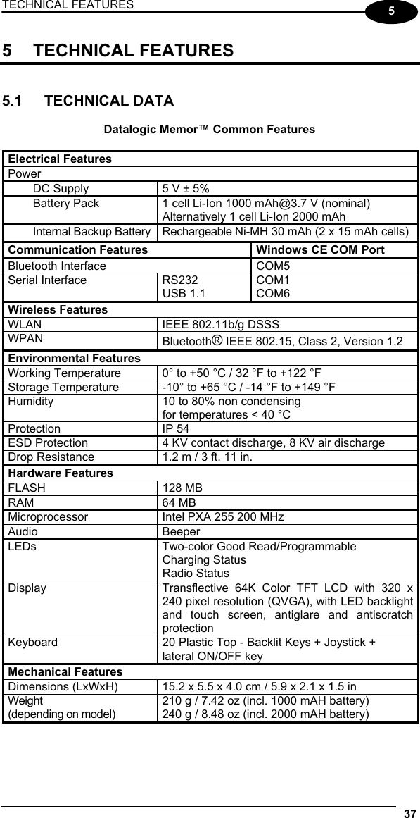 TECHNICAL FEATURES 37  5 5 TECHNICAL FEATURES   5.1 TECHNICAL DATA  Datalogic Memor™ Common Features  Electrical Features Power    DC Supply  5 V ± 5%   Battery Pack  1 cell Li-Ion 1000 mAh@3.7 V (nominal) Alternatively 1 cell Li-Ion 2000 mAh   Internal Backup Battery Rechargeable Ni-MH 30 mAh (2 x 15 mAh cells) Communication Features  Windows CE COM Port Bluetooth Interface  COM5 Serial Interface  RS232 USB 1.1 COM1 COM6 Wireless Features WLAN  IEEE 802.11b/g DSSS WPAN  Bluetooth® IEEE 802.15, Class 2, Version 1.2 Environmental Features Working Temperature  0° to +50 °C / 32 °F to +122 °F Storage Temperature  -10° to +65 °C / -14 °F to +149 °F Humidity  10 to 80% non condensing for temperatures &lt; 40 °C Protection IP 54 ESD Protection  4 KV contact discharge, 8 KV air discharge Drop Resistance  1.2 m / 3 ft. 11 in. Hardware Features FLASH 128 MB RAM 64 MB Microprocessor  Intel PXA 255 200 MHz Audio Beeper LEDs  Two-color Good Read/Programmable Charging Status Radio Status Display  Transflective 64K Color TFT LCD with 320 x 240 pixel resolution (QVGA), with LED backlight and touch screen, antiglare and antiscratch protection Keyboard  20 Plastic Top - Backlit Keys + Joystick + lateral ON/OFF key Mechanical Features Dimensions (LxWxH)  15.2 x 5.5 x 4.0 cm / 5.9 x 2.1 x 1.5 in Weight (depending on model) 210 g / 7.42 oz (incl. 1000 mAH battery) 240 g / 8.48 oz (incl. 2000 mAH battery)  