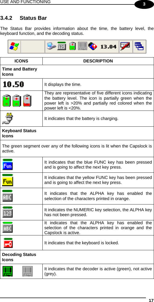 USE AND FUNCTIONING 17  3 3.4.2 Status Bar  The Status Bar provides information about the time, the battery level, the keyboard function, and the decoding status.    ICONS DESCRIPTION Time and Battery Icons    It displays the time.      They are representative of five different icons indicating the battery level. The icon is partially green when the power left is &gt;20% and partially red colored when the power left is &lt;20%.  It indicates that the battery is charging. Keyboard Status Icons  The green segment over any of the following icons is lit when the Capslock is active.  It indicates that the blue FUNC key has been pressed and is going to affect the next key press.  It indicates that the yellow FUNC key has been pressed and is going to affect the next key press.  It indicates that the ALPHA key has enabled the selection of the characters printed in orange.  It indicates the NUMERIC key selection, the ALPHA key has not been pressed.  It indicates that the ALPHA key has enabled the selection of the characters printed in orange and the Capslock is active.  It indicates that the keyboard is locked. Decoding Status Icons     It indicates that the decoder is active (green), not active (grey). 