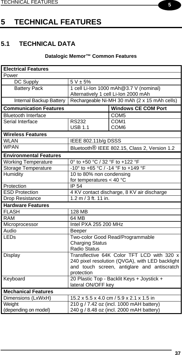 TECHNICAL FEATURES 37  5 5 TECHNICAL FEATURES   5.1 TECHNICAL DATA  Datalogic Memor™ Common Features  Electrical Features Power    DC Supply  5 V ± 5%   Battery Pack  1 cell Li-Ion 1000 mAh@3.7 V (nominal) Alternatively 1 cell Li-Ion 2000 mAh   Internal Backup Battery Rechargeable Ni-MH 30 mAh (2 x 15 mAh cells) Communication Features  Windows CE COM Port Bluetooth Interface  COM5 Serial Interface  RS232 USB 1.1  COM1 COM6 Wireless Features WLAN  IEEE 802.11b/g DSSS WPAN  Bluetooth® IEEE 802.15, Class 2, Version 1.2 Environmental Features Working Temperature  0° to +50 °C / 32 °F to +122 °F Storage Temperature  -10° to +65 °C / -14 °F to +149 °F Humidity  10 to 80% non condensing for temperatures &lt; 40 °C Protection IP 54 ESD Protection  4 KV contact discharge, 8 KV air discharge Drop Resistance  1.2 m / 3 ft. 11 in. Hardware Features FLASH 128 MB RAM 64 MB Microprocessor  Intel PXA 255 200 MHz Audio Beeper LEDs  Two-color Good Read/Programmable Charging Status Radio Status Display  Transflective 64K Color TFT LCD with 320 x 240 pixel resolution (QVGA), with LED backlight and touch screen, antiglare and antiscratch protection Keyboard  20 Plastic Top - Backlit Keys + Joystick + lateral ON/OFF key Mechanical Features Dimensions (LxWxH)  15.2 x 5.5 x 4.0 cm / 5.9 x 2.1 x 1.5 in Weight (depending on model)  210 g / 7.42 oz (incl. 1000 mAH battery) 240 g / 8.48 oz (incl. 2000 mAH battery)  