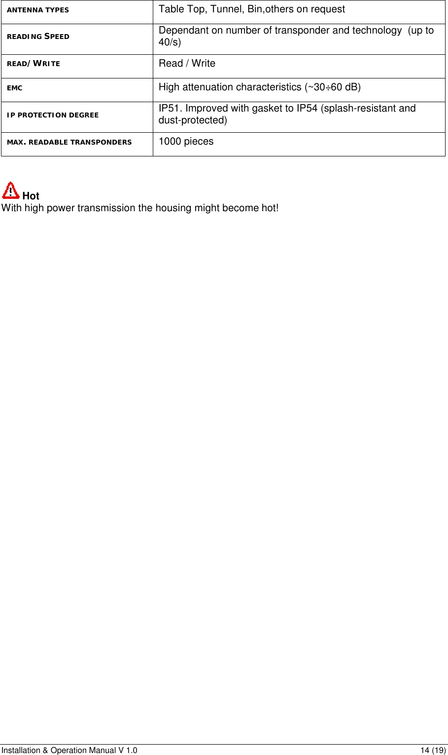 Installation &amp; Operation Manual V 1.0                                                                                                                14 (19) ANTENNA TYPES Table Top, Tunnel, Bin,others on request READING SPEED Dependant on number of transponder and technology  (up to 40/s) READ/WRITE Read / Write EMC High attenuation characteristics (~30÷60 dB) IP PROTECTION DEGREE IP51. Improved with gasket to IP54 (splash-resistant and dust-protected) MAX. READABLE TRANSPONDERS 1000 pieces    Hot With high power transmission the housing might become hot! 