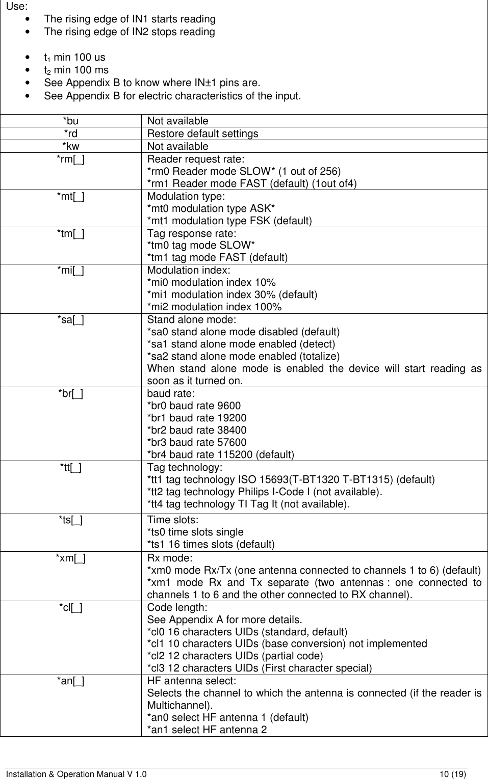 Installation &amp; Operation Manual V 1.0                                                                                                                10 (19) Use: • The rising edge of IN1 starts reading • The rising edge of IN2 stops reading   • t1 min 100 us • t2 min 100 ms • See Appendix B to know where IN±1 pins are. • See Appendix B for electric characteristics of the input.  *bu Not available *rd Restore default settings *kw Not available *rm[_] Reader request rate:  *rm0 Reader mode SLOW* (1 out of 256) *rm1 Reader mode FAST (default) (1out of4) *mt[_] Modulation type:  *mt0 modulation type ASK* *mt1 modulation type FSK (default) *tm[_] Tag response rate: *tm0 tag mode SLOW* *tm1 tag mode FAST (default) *mi[_] Modulation index: *mi0 modulation index 10%  *mi1 modulation index 30% (default) *mi2 modulation index 100% *sa[_] Stand alone mode: *sa0 stand alone mode disabled (default) *sa1 stand alone mode enabled (detect) *sa2 stand alone mode enabled (totalize) When stand alone mode is enabled the device will start reading as soon as it turned on. *br[_] baud rate: *br0 baud rate 9600 *br1 baud rate 19200 *br2 baud rate 38400 *br3 baud rate 57600 *br4 baud rate 115200 (default) *tt[_] Tag technology: *tt1 tag technology ISO 15693(T-BT1320 T-BT1315) (default) *tt2 tag technology Philips I-Code I (not available). *tt4 tag technology TI Tag It (not available). *ts[_] Time slots:  *ts0 time slots single  *ts1 16 times slots (default) *xm[_] Rx mode: *xm0 mode Rx/Tx (one antenna connected to channels 1 to 6) (default) *xm1 mode Rx and Tx separate (two antennas : one connected to channels 1 to 6 and the other connected to RX channel). *cl[_] Code length: See Appendix A for more details. *cl0 16 characters UIDs (standard, default) *cl1 10 characters UIDs (base conversion) not implemented *cl2 12 characters UIDs (partial code) *cl3 12 characters UIDs (First character special) *an[_] HF antenna select: Selects the channel to which the antenna is connected (if the reader is Multichannel). *an0 select HF antenna 1 (default) *an1 select HF antenna 2 