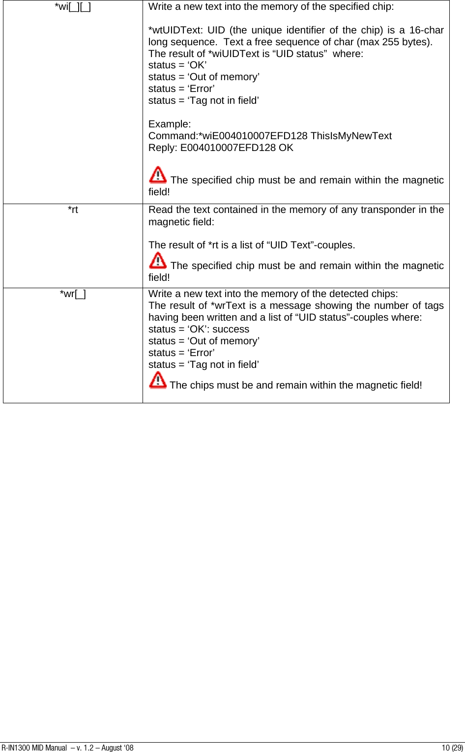 *wi[_][_]  Write a new text into the memory of the specified chip:  *wtUIDText: UID (the unique identifier of the chip) is a 16-char long sequence.  Text a free sequence of char (max 255 bytes). The result of *wiUIDText is “UID status”  where: status = ‘OK’ status = ‘Out of memory’ status = ‘Error’ status = ‘Tag not in field’   Example: Command:*wiE004010007EFD128 ThisIsMyNewText Reply: E004010007EFD128 OK   The specified chip must be and remain within the magnetic field! *rt  Read the text contained in the memory of any transponder in the magnetic field:  The result of *rt is a list of “UID Text”-couples.  The specified chip must be and remain within the magnetic field! *wr[_]  Write a new text into the memory of the detected chips: The result of *wrText is a message showing the number of tags having been written and a list of “UID status”-couples where: status = ‘OK’: success status = ‘Out of memory’ status = ‘Error’ status = ‘Tag not in field’   The chips must be and remain within the magnetic field!  R-IN1300 MID Manual  – v. 1.2 – August ‘08  10 (29) 