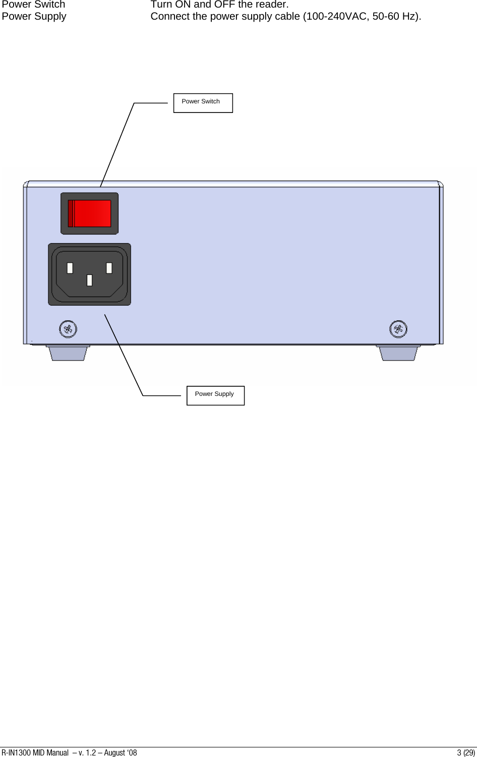  Power Switch      Turn ON and OFF the reader. Power Supply      Connect the power supply cable (100-240VAC, 50-60 Hz).             o Power Switch  Power Supply                  R-IN1300 MID Manual  – v. 1.2 – August ‘08  3 (29) 