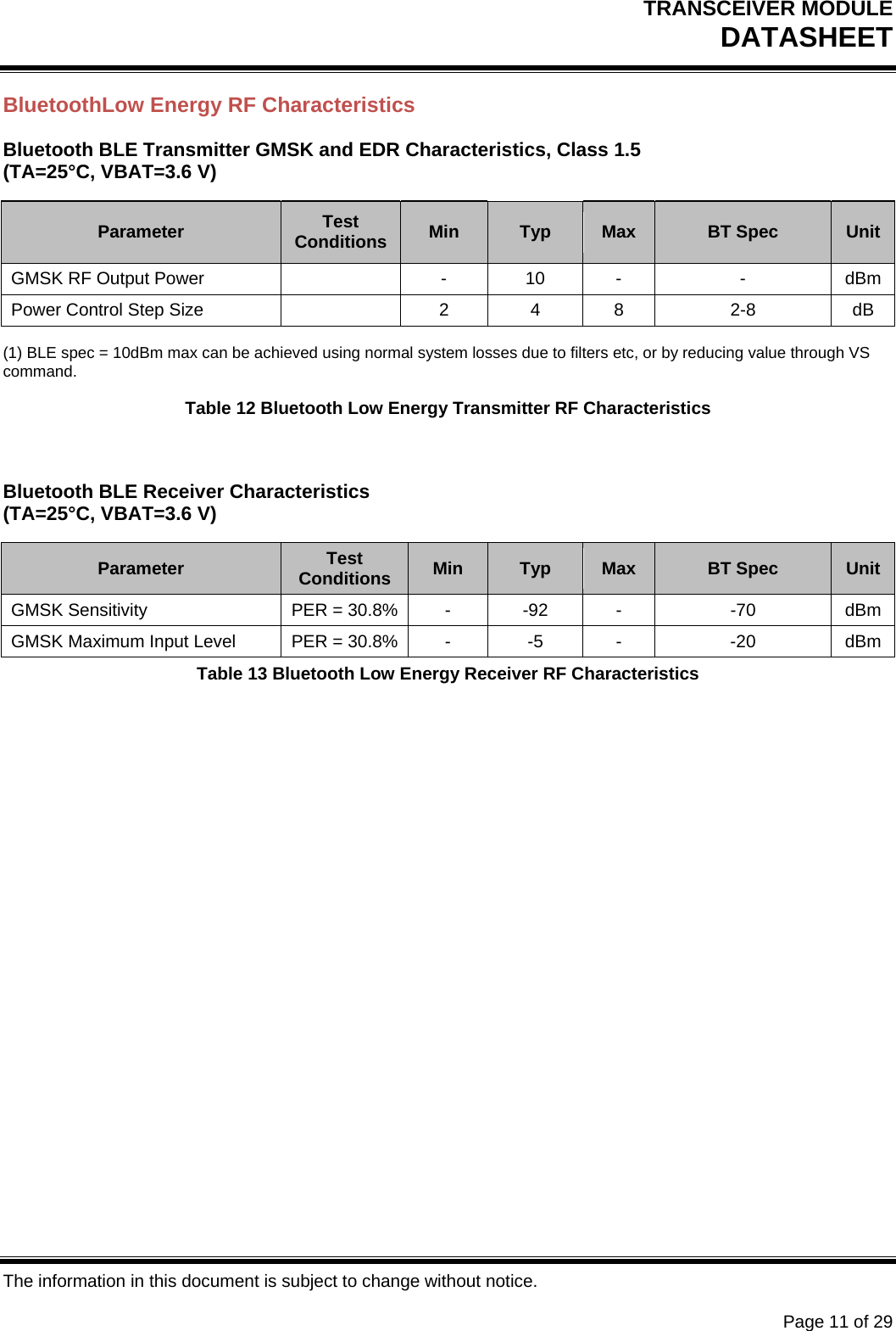 TRANSCEIVER MODULE DATASHEET   The information in this document is subject to change without notice.      Page 11 of 29 BluetoothLow Energy RF Characteristics Bluetooth BLE Transmitter GMSK and EDR Characteristics, Class 1.5 (TA=25°C, VBAT=3.6 V) Parameter  Test Conditions  Min  Typ  Max  BT Spec  Unit GMSK RF Output Power       -  10  -  -  dBm Power Control Step Size       2  4  8  2-8  dB (1) BLE spec = 10dBm max can be achieved using normal system losses due to filters etc, or by reducing value through VS command. Table 12 Bluetooth Low Energy Transmitter RF Characteristics  Bluetooth BLE Receiver Characteristics  (TA=25°C, VBAT=3.6 V) Parameter  Test Conditions  Min  Typ  Max  BT Spec  Unit GMSK Sensitivity  PER = 30.8%  -  -92  -  -70  dBm GMSK Maximum Input Level  PER = 30.8%  -  -5  -  -20  dBm Table 13 Bluetooth Low Energy Receiver RF Characteristics  