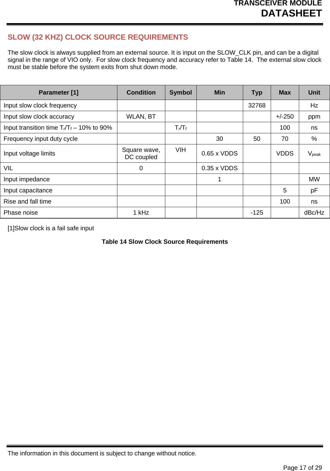 TRANSCEIVER MODULE DATASHEET   The information in this document is subject to change without notice.      Page 17 of 29 SLOW (32 KHZ) CLOCK SOURCE REQUIREMENTS The slow clock is always supplied from an external source. It is input on the SLOW_CLK pin, and can be a digital signal in the range of VIO only.  For slow clock frequency and accuracy refer to Table 14.  The external slow clock must be stable before the system exits from shut down mode.   Parameter [1]  Condition  Symbol  Min  Typ  Max  Unit Input slow clock frequency        32768    Hz Input slow clock accuracy  WLAN, BT        +/-250  ppm Input transition time Tr/Tf – 10% to 90%    Tr/Tf    100 ns Frequency input duty cycle      30  50  70  % Input voltage limits  Square wave, DC coupled  VIH  0.65 x VDDS    VDDS  Vpeak VIL  0    0.35 x VDDS       Input impedance      1      MW Input capacitance          5  pF Rise and fall time          100  ns Phase noise  1 kHz      -125    dBc/Hz [1]Slow clock is a fail safe input Table 14 Slow Clock Source Requirements 