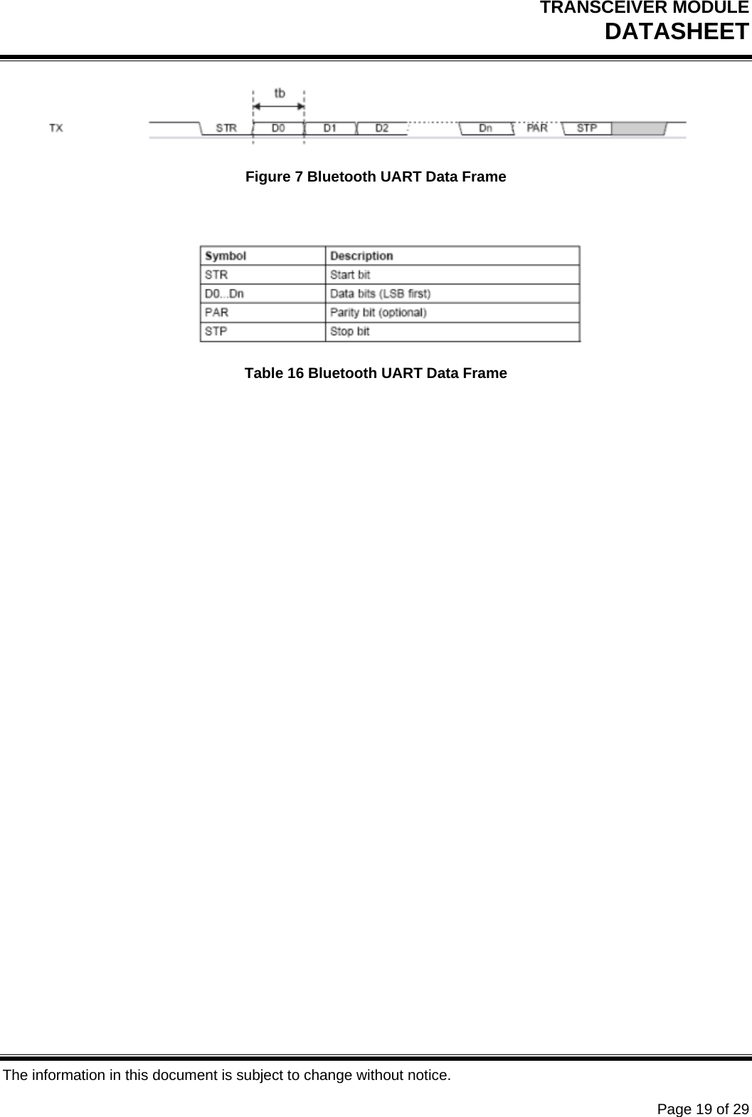 TRANSCEIVER MODULE DATASHEET   The information in this document is subject to change without notice.      Page 19 of 29  Figure 7 Bluetooth UART Data Frame   Table 16 Bluetooth UART Data Frame    