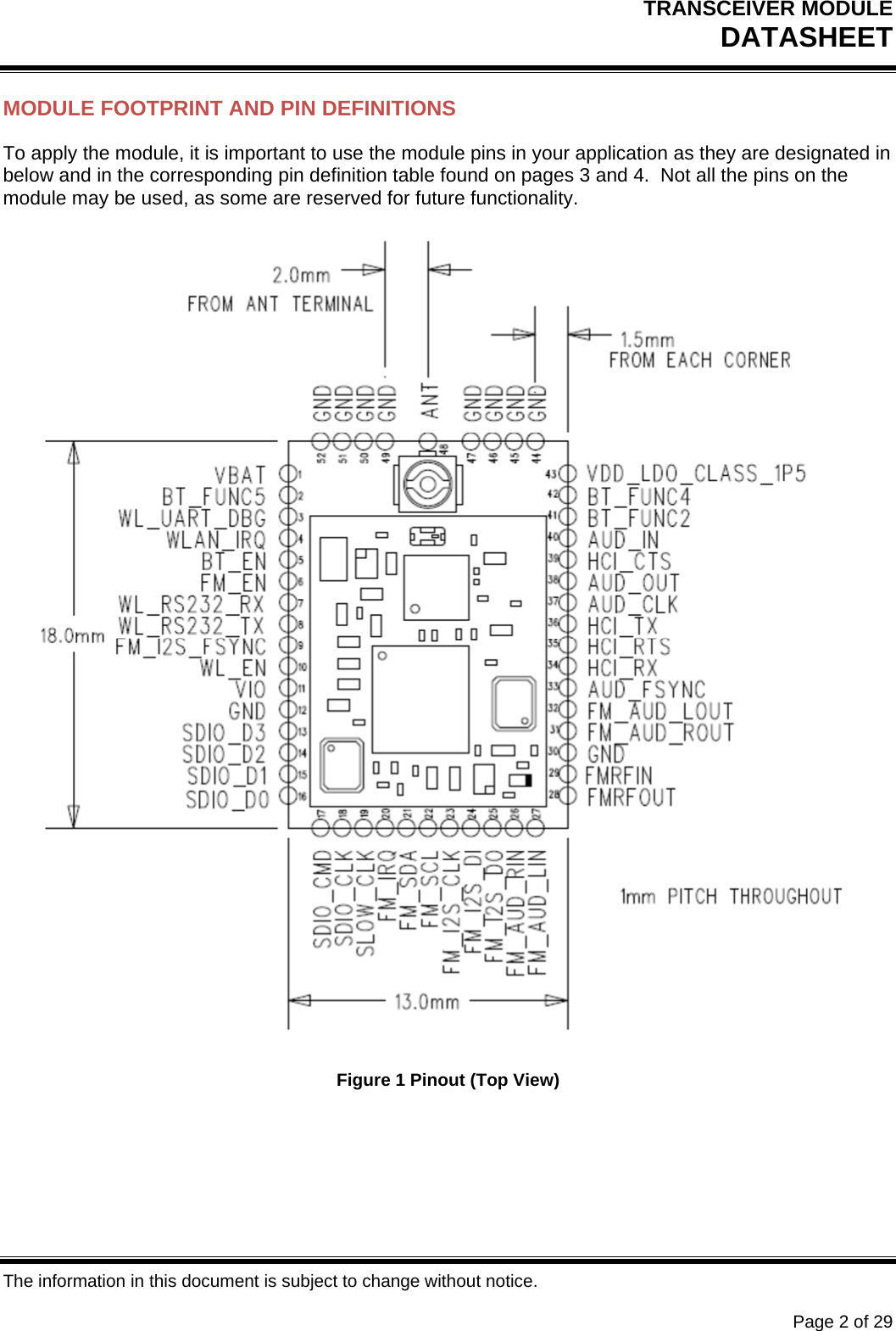 TRANSCEIVER MODULE DATASHEET   The information in this document is subject to change without notice.      Page 2 of 29 MODULE FOOTPRINT AND PIN DEFINITIONS To apply the module, it is important to use the module pins in your application as they are designated in below and in the corresponding pin definition table found on pages 3 and 4.  Not all the pins on the module may be used, as some are reserved for future functionality.   Figure 1 Pinout (Top View) 