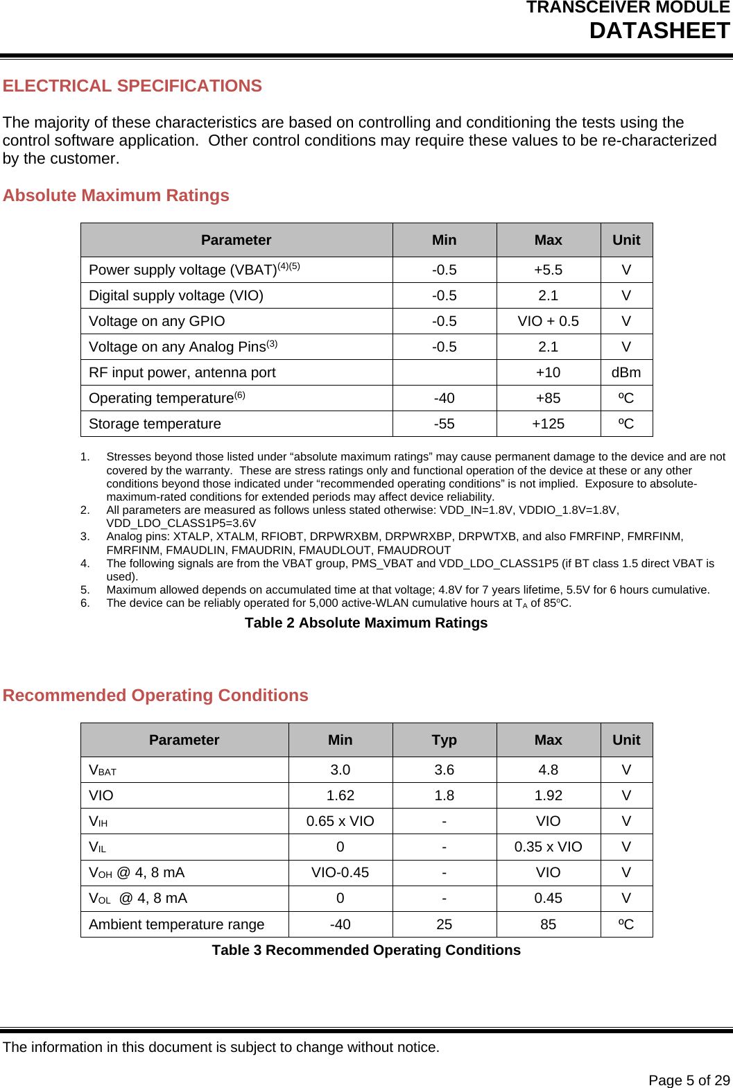 TRANSCEIVER MODULE DATASHEET   The information in this document is subject to change without notice.      Page 5 of 29 ELECTRICAL SPECIFICATIONS The majority of these characteristics are based on controlling and conditioning the tests using the control software application.  Other control conditions may require these values to be re-characterized by the customer. Absolute Maximum Ratings Parameter  Min  Max  Unit Power supply voltage (VBAT)(4)(5) -0.5 +5.5 V Digital supply voltage (VIO) -0.5 2.1 V Voltage on any GPIO  -0.5  VIO + 0.5  V Voltage on any Analog Pins(3)  -0.5 2.1 V RF input power, antenna port    +10  dBm Operating temperature(6) -40 +85 ºC Storage temperature  -55  +125  ºC  1.  Stresses beyond those listed under “absolute maximum ratings” may cause permanent damage to the device and are not covered by the warranty.  These are stress ratings only and functional operation of the device at these or any other conditions beyond those indicated under “recommended operating conditions” is not implied.  Exposure to absolute-maximum-rated conditions for extended periods may affect device reliability. 2.  All parameters are measured as follows unless stated otherwise: VDD_IN=1.8V, VDDIO_1.8V=1.8V, VDD_LDO_CLASS1P5=3.6V 3.  Analog pins: XTALP, XTALM, RFIOBT, DRPWRXBM, DRPWRXBP, DRPWTXB, and also FMRFINP, FMRFINM, FMRFINM, FMAUDLIN, FMAUDRIN, FMAUDLOUT, FMAUDROUT 4.  The following signals are from the VBAT group, PMS_VBAT and VDD_LDO_CLASS1P5 (if BT class 1.5 direct VBAT is used). 5.  Maximum allowed depends on accumulated time at that voltage; 4.8V for 7 years lifetime, 5.5V for 6 hours cumulative. 6.  The device can be reliably operated for 5,000 active-WLAN cumulative hours at TA of 85oC. Table 2 Absolute Maximum Ratings  Recommended Operating Conditions Parameter  Min  Typ  Max  Unit VBAT  3.0 3.6 4.8 V VIO  1.62 1.8 1.92 V VIH   0.65 x VIO  -  VIO  V VIL  0  -  0.35 x VIO  V VOH @ 4, 8 mA  VIO-0.45  -  VIO  V VOL  @ 4, 8 mA  0  -  0.45  V Ambient temperature range  -40  25  85  ºC Table 3 Recommended Operating Conditions 