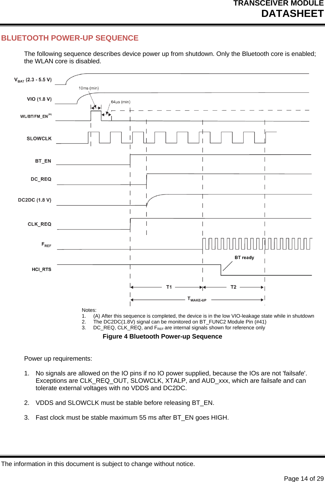 TRANSCEIVER MODULE DATASHEET   The information in this document is subject to change without notice.      Page 14 of 29 BLUETOOTH POWER-UP SEQUENCE The following sequence describes device power up from shutdown. Only the Bluetooth core is enabled; the WLAN core is disabled.   Notes: 1.  (A) After this sequence is completed, the device is in the low VIO-leakage state while in shutdown 2.  The DC2DC(1.8V) signal can be monitored on BT_FUNC2 Module Pin (#41) 3.  DC_REQ, CLK_REQ, and FREF are internal signals shown for reference only Figure 4 Bluetooth Power-up Sequence  Power up requirements:  1.  No signals are allowed on the IO pins if no IO power supplied, because the IOs are not &apos;failsafe&apos;.  Exceptions are CLK_REQ_OUT, SLOWCLK, XTALP, and AUD_xxx, which are failsafe and can tolerate external voltages with no VDDS and DC2DC.  2.  VDDS and SLOWCLK must be stable before releasing BT_EN.  3.  Fast clock must be stable maximum 55 ms after BT_EN goes HIGH.  