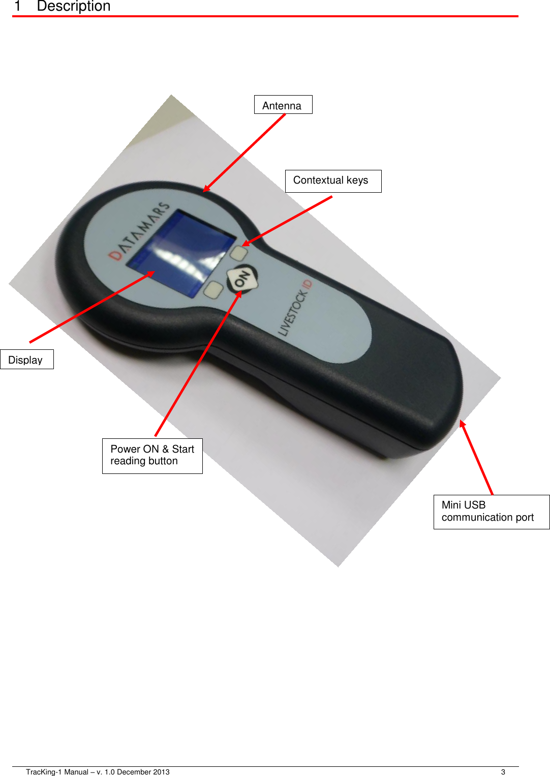  TracKing-1 Manual – v. 1.0 December 2013     3 1  Description             Antenna Contextual keys Display Power ON &amp; Start reading button Mini USB communication port 