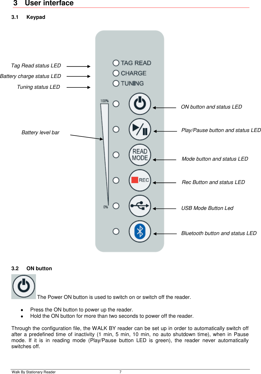  Walk By Stationary Reader  7    3  User interface 3.1  Keypad    3.2  ON button   The Power ON button is used to switch on or switch off the reader.   Press the ON button to power up the reader.   Hold the ON button for more than two seconds to power off the reader. Through the configuration file, the WALK BY reader can be set up in order to automatically switch off after a predefined time of inactivity (1 min, 5 min, 10 min, no auto shutdown time), when in  Pause mode.  If  it  is  in  reading  mode  (Play/Pause  button  LED  is  green),  the  reader  never  automatically switches off. Tag Read status LED Battery charge status LED Tuning status LED ON button and status LED Play/Pause button and status LED Mode button and status LED Rec Button and status LED USB Mode Button Led Bluetooth button and status LED Battery level bar 