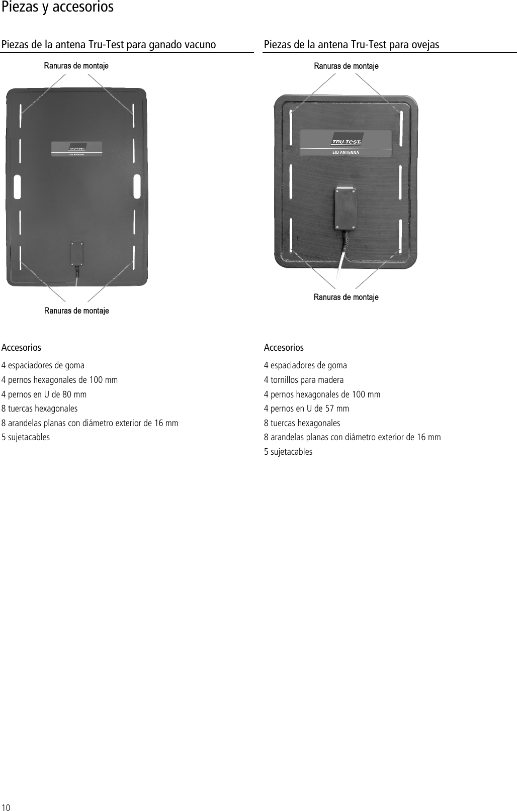 10 Piezas y accesorios Piezas de la antena Tru-Test para ganado vacuno  Piezas de la antena Tru-Test para ovejas   Accesorios 4 espaciadores de goma 4 pernos hexagonales de 100 mm 4 pernos en U de 80 mm 8 tuercas hexagonales 8 arandelas planas con diámetro exterior de 16 mm 5 sujetacables Accesorios 4 espaciadores de goma 4 tornillos para madera 4 pernos hexagonales de 100 mm 4 pernos en U de 57 mm 8 tuercas hexagonales 8 arandelas planas con diámetro exterior de 16 mm 5 sujetacables  