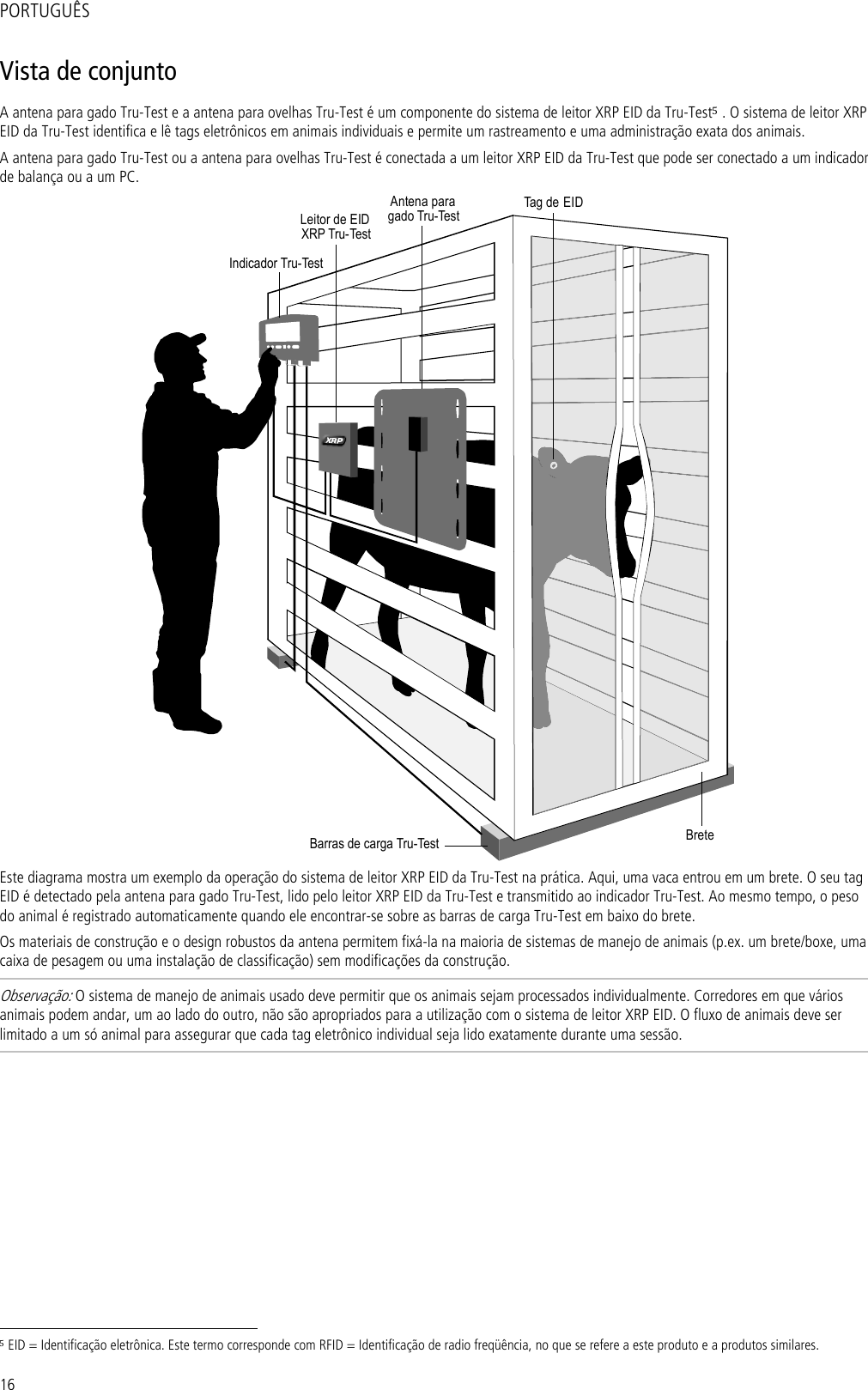 16 PORTUGUÊS Vista de conjunto A antena para gado Tru-Test e a antena para ovelhas Tru-Test é um componente do sistema de leitor XRP EID da Tru-Test5 . O sistema de leitor XRP EID da Tru-Test identifica e lê tags eletrônicos em animais individuais e permite um rastreamento e uma administração exata dos animais. A antena para gado Tru-Test ou a antena para ovelhas Tru-Test é conectada a um leitor XRP EID da Tru-Test que pode ser conectado a um indicador de balança ou a um PC.  Indicador Tru-TestTag de EIDBreteBarras de carga Tru-TestAntena paragado Tru-TestLeitor de EIDXRP Tru-Test Este diagrama mostra um exemplo da operação do sistema de leitor XRP EID da Tru-Test na prática. Aqui, uma vaca entrou em um brete. O seu tag EID é detectado pela antena para gado Tru-Test, lido pelo leitor XRP EID da Tru-Test e transmitido ao indicador Tru-Test. Ao mesmo tempo, o peso do animal é registrado automaticamente quando ele encontrar-se sobre as barras de carga Tru-Test em baixo do brete.  Os materiais de construção e o design robustos da antena permitem fixá-la na maioria de sistemas de manejo de animais (p.ex. um brete/boxe, uma caixa de pesagem ou uma instalação de classificação) sem modificações da construção. Observação: O sistema de manejo de animais usado deve permitir que os animais sejam processados individualmente. Corredores em que vários animais podem andar, um ao lado do outro, não são apropriados para a utilização com o sistema de leitor XRP EID. O fluxo de animais deve ser limitado a um só animal para assegurar que cada tag eletrônico individual seja lido exatamente durante uma sessão.                                                                     5 EID = Identificação eletrônica. Este termo corresponde com RFID = Identificação de radio freqüência, no que se refere a este produto e a produtos similares. 
