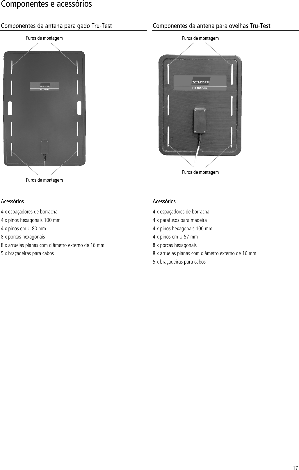 17 Componentes e acessórios Componentes da antena para gado Tru-Test  Componentes da antena para ovelhas Tru-Test   Acessórios 4 x espaçadores de borracha 4 x pinos hexagonais 100 mm 4 x pinos em U 80 mm 8 x porcas hexagonais 8 x arruelas planas com diâmetro externo de 16 mm 5 x braçadeiras para cabos Acessórios 4 x espaçadores de borracha 4 x parafusos para madeira 4 x pinos hexagonais 100 mm 4 x pinos em U 57 mm 8 x porcas hexagonais 8 x arruelas planas com diâmetro externo de 16 mm 5 x braçadeiras para cabos 