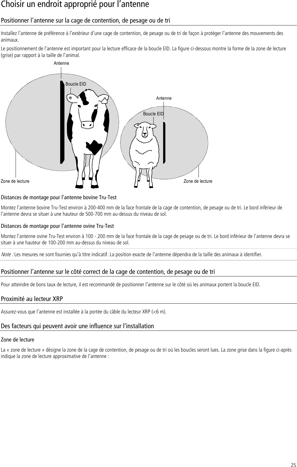 25 Choisir un endroit approprié pour l’antenne Positionner l’antenne sur la cage de contention, de pesage ou de tri Installez l’antenne de préférence à l’extérieur d’une cage de contention, de pesage ou de tri de façon à protéger l’antenne des mouvements des animaux.  Le positionnement de l’antenne est important pour la lecture efficace de la boucle EID. La figure ci-dessous montre la forme de la zone de lecture (grise) par rapport à la taille de l’animal. AntenneAntenneZonedelecture Zone de lectureBoucle EIDBoucle EID Distances de montage pour l’antenne bovine Tru-Test Montez l’antenne bovine Tru-Test environ à 200-400 mm de la face frontale de la cage de contention, de pesage ou de tri. Le bord inférieur de l’antenne devra se situer à une hauteur de 500-700 mm au-dessus du niveau de sol.  Distances de montage pour l’antenne ovine Tru-Test Montez l’antenne ovine Tru-Test environ à 100 - 200 mm de la face frontale de la cage de pesage ou de tri. Le bord inférieur de l’antenne devra se situer à une hauteur de 100-200 mm au-dessus du niveau de sol.  Note : Les mesures ne sont fournies qu’à titre indicatif. La position exacte de l’antenne dépendra de la taille des animaux à identifier. Positionner l’antenne sur le côté correct de la cage de contention, de pesage ou de tri Pour atteindre de bons taux de lecture, il est recommandé de positionner l’antenne sur le côté où les animaux portent la boucle EID.  Proximité au lecteur XRP Assurez-vous que l’antenne est installée à la portée du câble du lecteur XRP (&lt;6 m). Des facteurs qui peuvent avoir une influence sur l’installation Zone de lecture La « zone de lecture » désigne la zone de la cage de contention, de pesage ou de tri où les boucles seront lues. La zone grise dans la figure ci-après indique la zone de lecture approximative de l’antenne : 