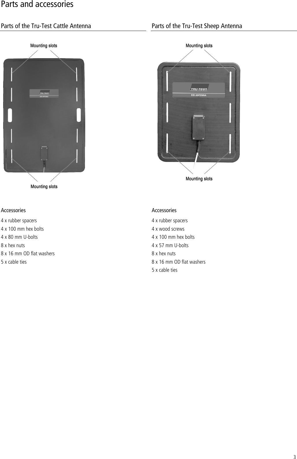 3 Parts and accessories Parts of the Tru-Test Cattle Antenna  Parts of the Tru-Test Sheep Antenna   Accessories 4 x rubber spacers 4 x 100 mm hex bolts 4 x 80 mm U-bolts 8 x hex nuts 8 x 16 mm OD flat washers 5 x cable ties Accessories 4 x rubber spacers 4 x wood screws 4 x 100 mm hex bolts 4 x 57 mm U-bolts 8 x hex nuts 8 x 16 mm OD flat washers 5 x cable ties   