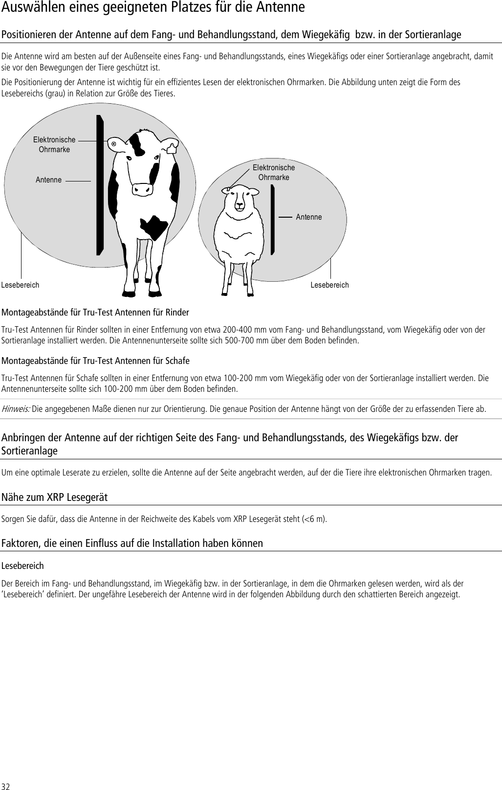 32 Auswählen eines geeigneten Platzes für die Antenne Positionieren der Antenne auf dem Fang- und Behandlungsstand, dem Wiegekäfig  bzw. in der Sortieranlage Die Antenne wird am besten auf der Außenseite eines Fang- und Behandlungsstands, eines Wiegekäfigs oder einer Sortieranlage angebracht, damit sie vor den Bewegungen der Tiere geschützt ist.  Die Positionierung der Antenne ist wichtig für ein effizientes Lesen der elektronischen Ohrmarken. Die Abbildung unten zeigt die Form des Lesebereichs (grau) in Relation zur Größe des Tieres. AntenneAntenneLesebereich LesebereichElektronischeOhrmarkeElektronischeOhrmarke Montageabstände für Tru-Test Antennen für Rinder Tru-Test Antennen für Rinder sollten in einer Entfernung von etwa 200-400 mm vom Fang- und Behandlungsstand, vom Wiegekäfig oder von der Sortieranlage installiert werden. Die Antennenunterseite sollte sich 500-700 mm über dem Boden befinden.  Montageabstände für Tru-Test Antennen für Schafe Tru-Test Antennen für Schafe sollten in einer Entfernung von etwa 100-200 mm vom Wiegekäfig oder von der Sortieranlage installiert werden. Die Antennenunterseite sollte sich 100-200 mm über dem Boden befinden.  Hinweis: Die angegebenen Maße dienen nur zur Orientierung. Die genaue Position der Antenne hängt von der Größe der zu erfassenden Tiere ab. Anbringen der Antenne auf der richtigen Seite des Fang- und Behandlungsstands, des Wiegekäfigs bzw. der Sortieranlage Um eine optimale Leserate zu erzielen, sollte die Antenne auf der Seite angebracht werden, auf der die Tiere ihre elektronischen Ohrmarken tragen.  Nähe zum XRP Lesegerät Sorgen Sie dafür, dass die Antenne in der Reichweite des Kabels vom XRP Lesegerät steht (&lt;6 m). Faktoren, die einen Einfluss auf die Installation haben können Lesebereich Der Bereich im Fang- und Behandlungsstand, im Wiegekäfig bzw. in der Sortieranlage, in dem die Ohrmarken gelesen werden, wird als der ‘Lesebereich’ definiert. Der ungefähre Lesebereich der Antenne wird in der folgenden Abbildung durch den schattierten Bereich angezeigt. 