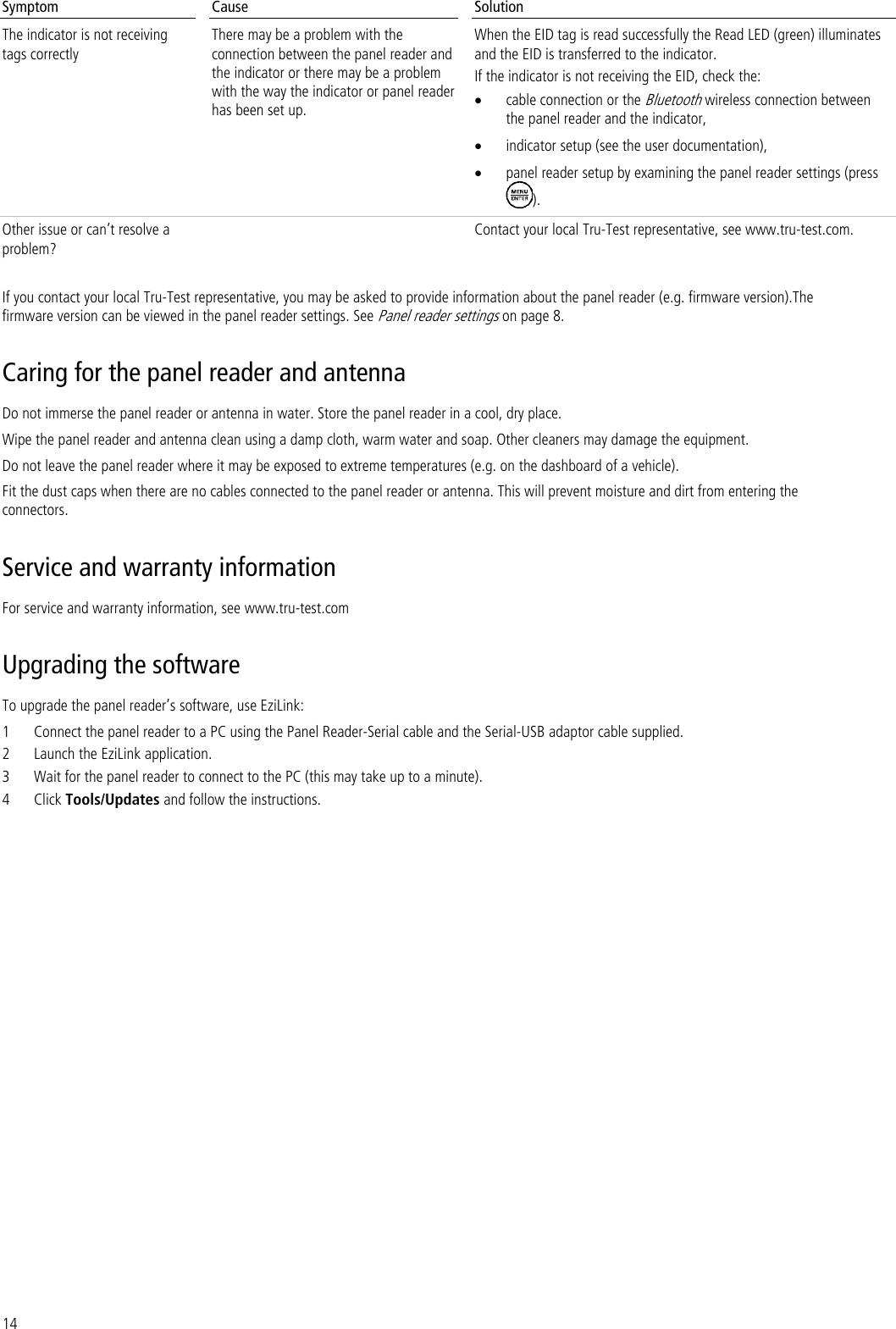 14 Symptom Cause Solution The indicator is not receiving tags correctly There may be a problem with the connection between the panel reader and the indicator or there may be a problem with the way the indicator or panel reader has been set up. When the EID tag is read successfully the Read LED (green) illuminates and the EID is transferred to the indicator.  If the indicator is not receiving the EID, check the:  cable connection or the Bluetooth wireless connection between the panel reader and the indicator,  indicator setup (see the user documentation),  panel reader setup by examining the panel reader settings (press ). Other issue or can’t resolve a problem?  Contact your local Tru-Test representative, see www.tru-test.com.  If you contact your local Tru-Test representative, you may be asked to provide information about the panel reader (e.g. firmware version).The firmware version can be viewed in the panel reader settings. See Panel reader settings on page 8. Caring for the panel reader and antenna Do not immerse the panel reader or antenna in water. Store the panel reader in a cool, dry place. Wipe the panel reader and antenna clean using a damp cloth, warm water and soap. Other cleaners may damage the equipment.  Do not leave the panel reader where it may be exposed to extreme temperatures (e.g. on the dashboard of a vehicle). Fit the dust caps when there are no cables connected to the panel reader or antenna. This will prevent moisture and dirt from entering the connectors.  Service and warranty information For service and warranty information, see www.tru-test.com Upgrading the software To upgrade the panel reader’s software, use EziLink: 1 Connect the panel reader to a PC using the Panel Reader-Serial cable and the Serial-USB adaptor cable supplied.  2 Launch the EziLink application. 3 Wait for the panel reader to connect to the PC (this may take up to a minute). 4 Click Tools/Updates and follow the instructions. 