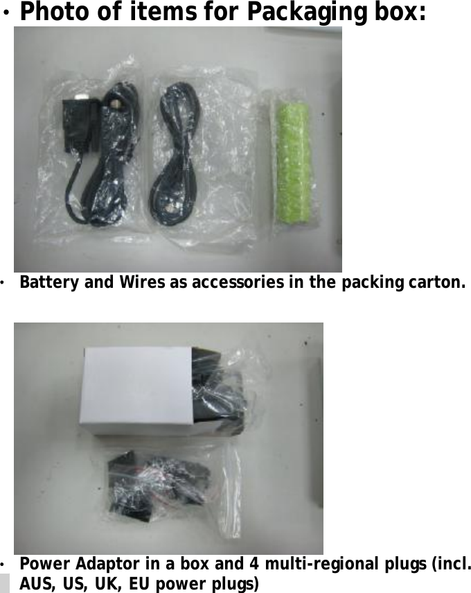 Photo of items for Packaging box:  Battery and Wires as accessories in the packing carton. Power Adaptor in a box and 4 multi-regional plugs (incl. AUS, US, UK, EU power plugs)  4 XRS User Manual 