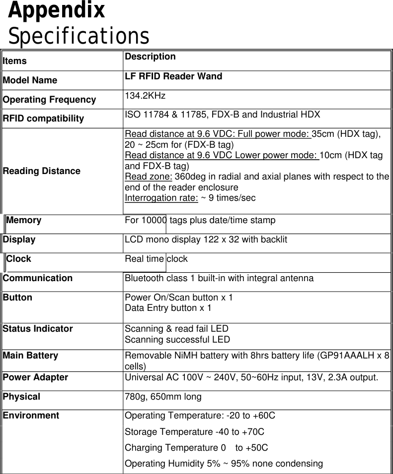 X10DUserManualAppendixSpecifications Items  DescriptionModel Name  LF RFID Reader WandOperating Frequency  134.2KHz RFID compatibility  ISO 11784 &amp; 11785, FDX-B and Industrial HDX Reading Distance Read distance at 9.6 VDC: Full power mode: 35cm (HDX tag), 20 ~ 25cm for (FDX-B tag) Read distance at 9.6 VDC Lower power mode: 10cm (HDX tag and FDX-B tag) Read zone: 360deg in radial and axial planes with respect to the end of the reader enclosure Interrogation rate: ~ 9 times/sec Memory  For 10000 tags plus date/time stamp Display  LCD mono display 122 x 32 with backlit Clock  Real time clock Communication  Bluetooth class 1 built-in with integral antenna    Button  Power On/Scan button x 1 Data Entry button x 1 Status IndicatorScanning &amp; read fail LED Scanning successful LED                                  Main Battery  Removable NiMH battery with 8hrs battery life (GP91AAALH x 8 cells) Power AdapterUniversal AC 100V ~ 240V, 50~60Hz input, 13V, 2.3A output.  Physical  780g, 650mm long Environment  Operating Temperature: -20 to +60C Storage Temperature -40 to +70C  Charging Temperature 0  to +50C     Operating Humidity 5% ~ 95% none condensing 10 