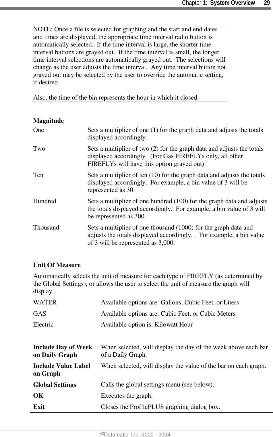     Chapter 1:  System Overview      29 ©Datamatic, Ltd. 2000 - 2004 NOTE: Once a file is selected for graphing and the start and end dates and times are displayed, the appropriate time interval radio button is automatically selected.  If the time interval is large, the shorter time interval buttons are grayed out.  If the time interval is small, the longer time interval selections are automatically grayed out.  The selections will change as the user adjusts the time interval.  Any time interval button not grayed out may be selected by the user to override the automatic setting, if desired.  Also, the time of the bin represents the hour in which it closed.  Magnitude One  Sets a multiplier of one (1) for the graph data and adjusts the totals displayed accordingly. Two  Sets a multiplier of two (2) for the graph data and adjusts the totals displayed accordingly.  (For Gas FIREFLYs only, all other FIREFLYs will have this option grayed out) Ten  Sets a multiplier of ten (10) for the graph data and adjusts the totals displayed accordingly.  For example, a bin value of 3 will be represented as 30. Hundred  Sets a multiplier of one hundred (100) for the graph data and adjusts the totals displayed accordingly.  For example, a bin value of 3 will be represented as 300. Thousand  Sets a multiplier of one thousand (1000) for the graph data and adjusts the totals displayed accordingly. .  For example, a bin value of 3 will be represented as 3,000.   Unit Of Measure Automatically selects the unit of measure for each type of FIREFLY (as determined by the Global Settings), or allows the user to select the unit of measure the graph will display. WATER  Available options are: Gallons, Cubic Feet, or Liters GAS  Available options are: Cubic Feet, or Cubic Meters Electric  Available option is: Kilowatt Hour   Include Day of Week on Daily Graph  When selected, will display the day of the week above each bar of a Daily Graph. Include Value Label on Graph  When selected, will display the value of the bar on each graph. Global Settings  Calls the global settings menu (see below). OK  Executes the graph. Exit  Closes the ProfilePLUS graphing dialog box. 