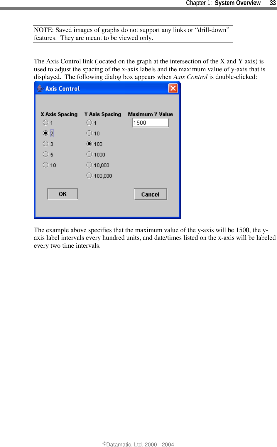     Chapter 1:  System Overview      33 ©Datamatic, Ltd. 2000 - 2004 NOTE: Saved images of graphs do not support any links or “drill-down” features.  They are meant to be viewed only.  The Axis Control link (located on the graph at the intersection of the X and Y axis) is used to adjust the spacing of the x-axis labels and the maximum value of y-axis that is displayed.  The following dialog box appears when Axis Control is double-clicked:   The example above specifies that the maximum value of the y-axis will be 1500, the y-axis label intervals every hundred units, and date/times listed on the x-axis will be labeled every two time intervals. 