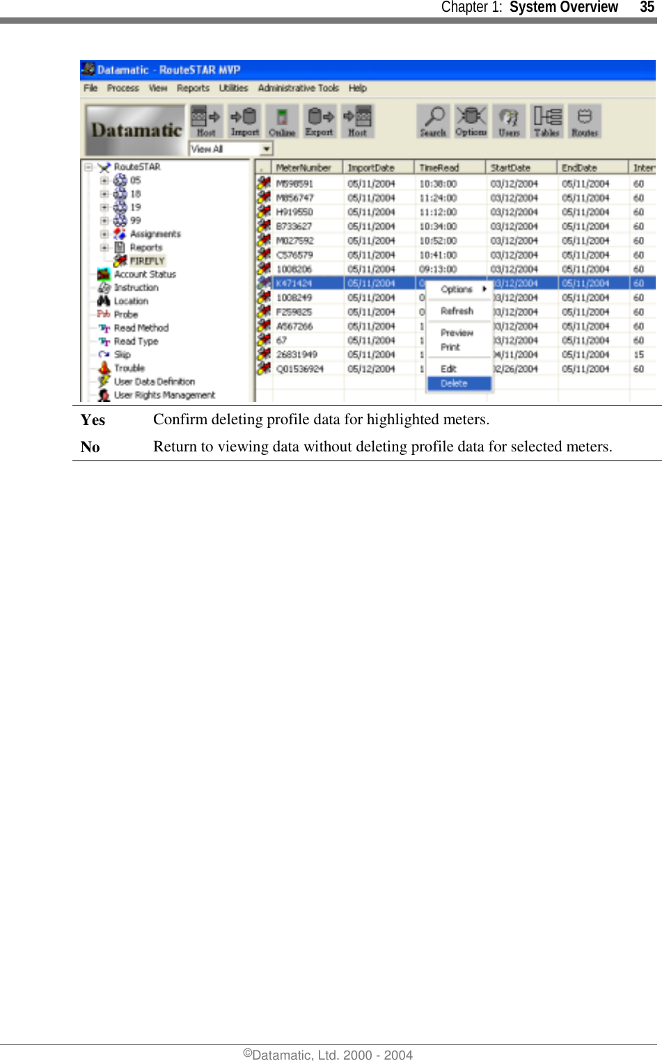     Chapter 1:  System Overview      35 ©Datamatic, Ltd. 2000 - 2004  Yes  Confirm deleting profile data for highlighted meters. No  Return to viewing data without deleting profile data for selected meters.    