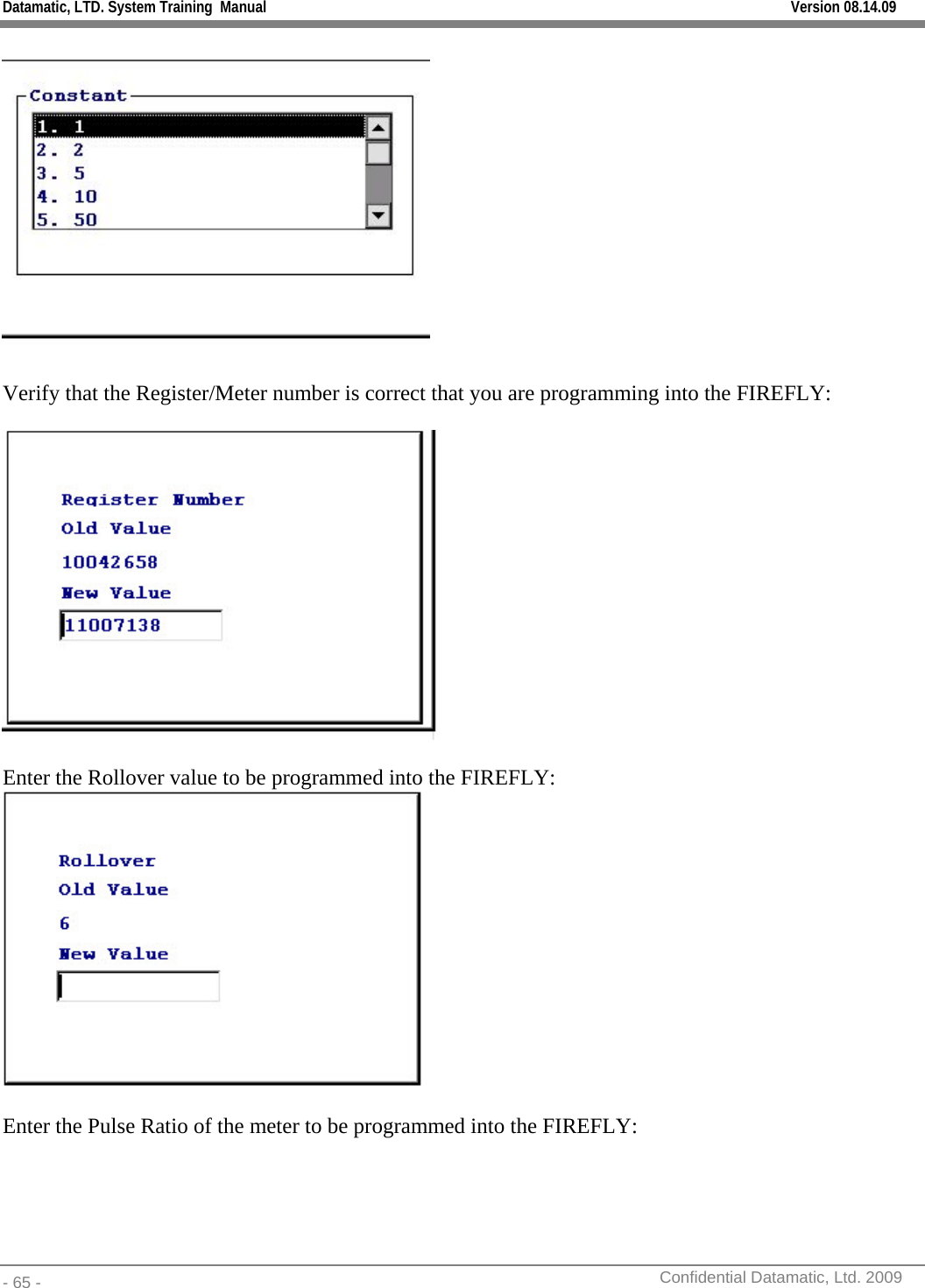 Datamatic, LTD. System Training  Manual         Version 08.14.09 - 65 -          Confidential Datamatic, Ltd. 2009    Verify that the Register/Meter number is correct that you are programming into the FIREFLY:    Enter the Rollover value to be programmed into the FIREFLY:   Enter the Pulse Ratio of the meter to be programmed into the FIREFLY:  