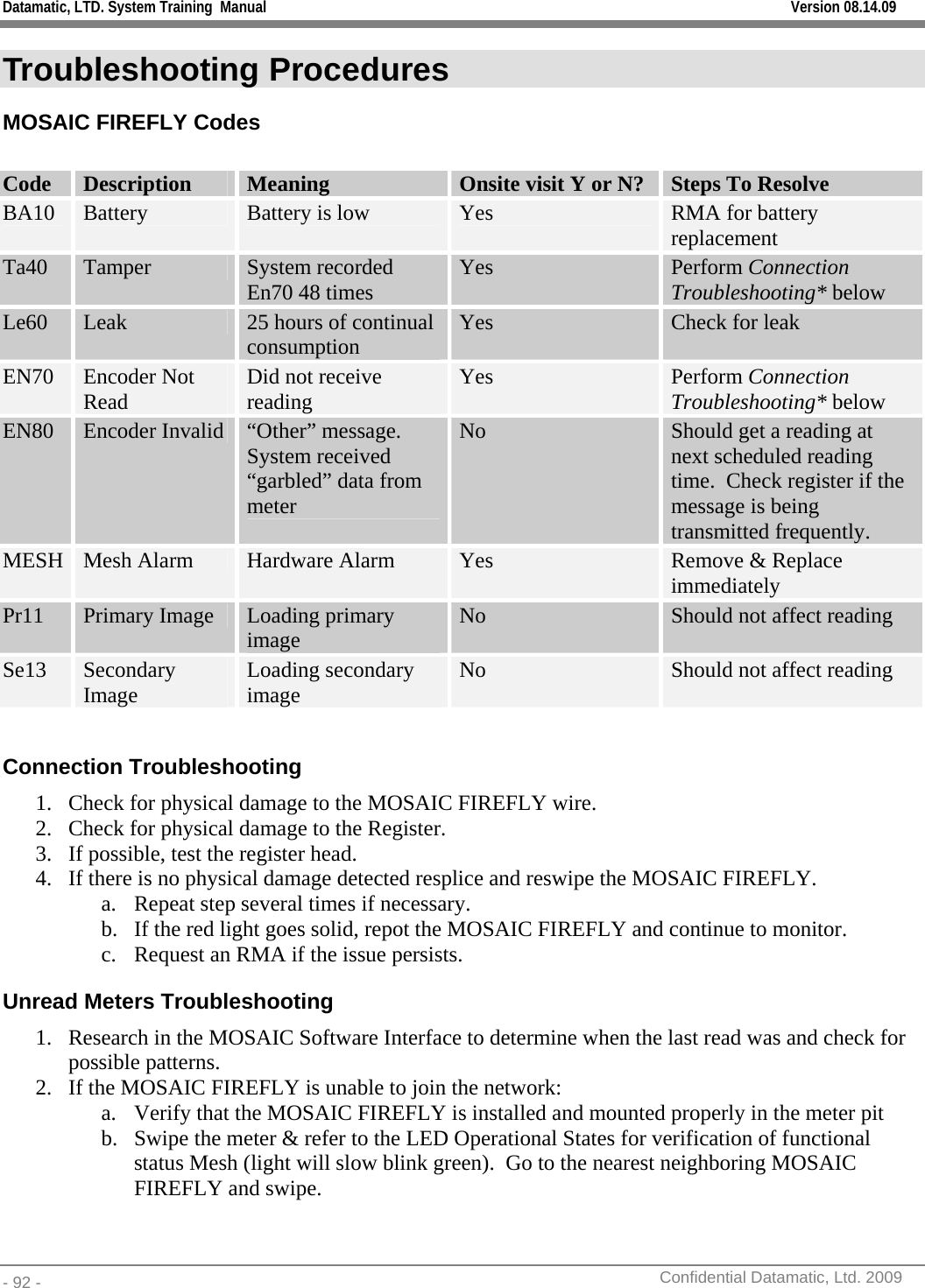 Datamatic, LTD. System Training  Manual         Version 08.14.09 - 92 -          Confidential Datamatic, Ltd. 2009  Troubleshooting Procedures MOSAIC FIREFLY Codes  Code  Description  Meaning  Onsite visit Y or N?  Steps To Resolve BA10  Battery  Battery is low  Yes  RMA for battery replacement Ta40  Tamper   System recorded En70 48 times  Yes  Perform Connection Troubleshooting* below Le60  Leak  25 hours of continual consumption  Yes  Check for leak EN70  Encoder Not Read  Did not receive reading  Yes  Perform Connection Troubleshooting* below EN80  Encoder Invalid  “Other” message.  System received “garbled” data from meter No  Should get a reading at next scheduled reading time.  Check register if the message is being transmitted frequently. MESH  Mesh Alarm  Hardware Alarm  Yes  Remove &amp; Replace immediately Pr11  Primary Image  Loading primary image  No  Should not affect reading Se13  Secondary Image  Loading secondary image  No  Should not affect reading  Connection Troubleshooting 1. Check for physical damage to the MOSAIC FIREFLY wire. 2. Check for physical damage to the Register. 3. If possible, test the register head. 4. If there is no physical damage detected resplice and reswipe the MOSAIC FIREFLY. a. Repeat step several times if necessary. b. If the red light goes solid, repot the MOSAIC FIREFLY and continue to monitor. c. Request an RMA if the issue persists.  Unread Meters Troubleshooting 1. Research in the MOSAIC Software Interface to determine when the last read was and check for possible patterns. 2. If the MOSAIC FIREFLY is unable to join the network: a. Verify that the MOSAIC FIREFLY is installed and mounted properly in the meter pit b. Swipe the meter &amp; refer to the LED Operational States for verification of functional status Mesh (light will slow blink green).  Go to the nearest neighboring MOSAIC FIREFLY and swipe. 