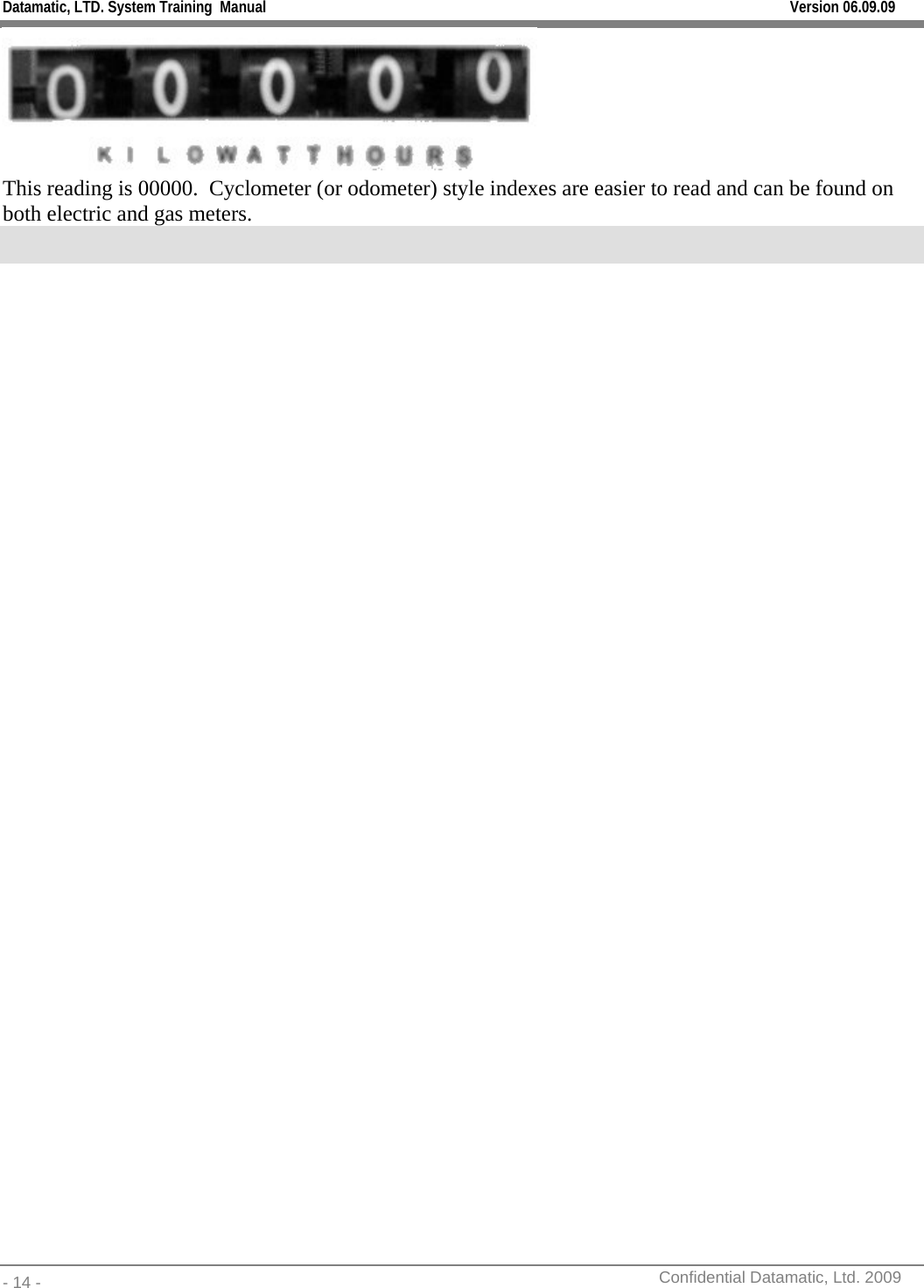 Datamatic, LTD. System Training  Manual         Version 06.09.09 - 14 -          Confidential Datamatic, Ltd. 2009   This reading is 00000.  Cyclometer (or odometer) style indexes are easier to read and can be found on both electric and gas meters. 