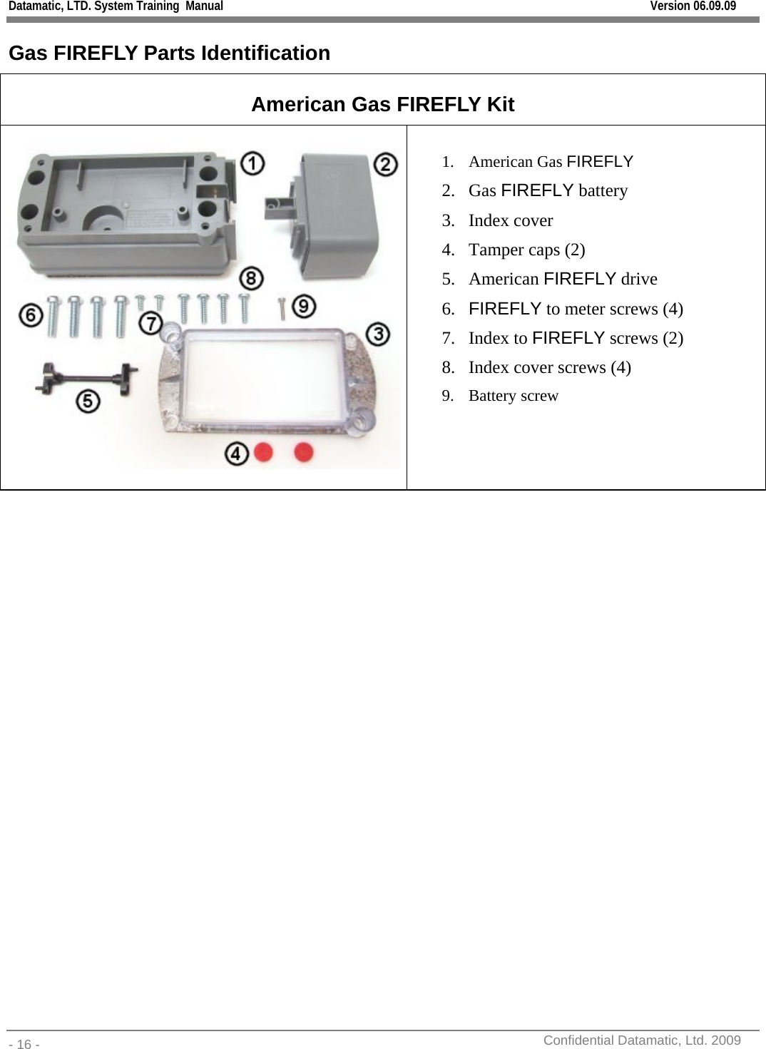 Datamatic, LTD. System Training  Manual         Version 06.09.09 - 16 -          Confidential Datamatic, Ltd. 2009  Gas FIREFLY Parts Identification American Gas FIREFLY Kit  1. American Gas FIREFLY 2. Gas FIREFLY battery 3. Index cover 4. Tamper caps (2) 5. American FIREFLY drive 6. FIREFLY to meter screws (4) 7. Index to FIREFLY screws (2) 8. Index cover screws (4) 9. Battery screw         