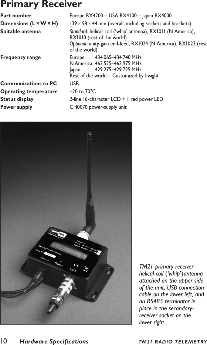 10  Hardware Specifications TM21 R ADIO TELE M ETRYPrimary ReceiverPart number Europe RX4200 &ndash; USA RX4100 &ndash; Japan RX4000Dimensions (L &times; W &times; H) 139 &times; 98 &times; 44 mm (overall, including sockets and brackets)Suitable antenna Standard: helical-coil (&lsquo;whip&rsquo; antenna), RX1011 (N America), RX1010 (rest of the world) Optional: unity-gain end-feed, RX1024 (N America), RX1023 (rest of the world)Frequency range Europe  434.065&ndash;434.740 MHz N America  463.525&ndash;463.975 MHz Japan  429.275&ndash;429.725 MHz Rest of the world &ndash; Customized by InsightCommunications to PC USBOperating temperature &minus;20 to 70&deg;CStatus display 2-line 16-character LCD + 1 red power LEDPower supply CH0070 power-supply unitTM21 primary receiver: helical-coil (&lsquo;whip&rsquo;)antenna attached on the upper side of the unit, USB connection cable on the lower left, and an RS485 terminator in place in the secondary-receiver socket on the lower right.
