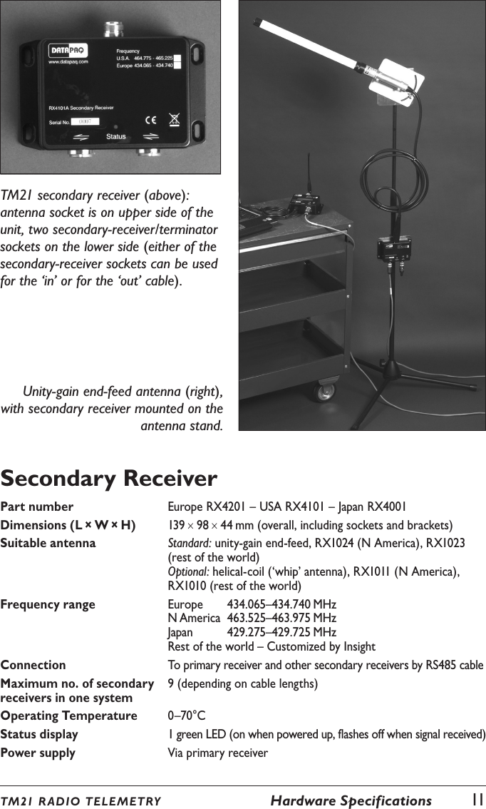 TM21 secondary receiver (above): antenna socket is on upper side of the unit, two secondary-receiver/terminator sockets on the lower side (either of the secondary-receiver sockets can be used for the &lsquo;in&rsquo; or for the &lsquo;out&rsquo; cable).Unity-gain end-feed antenna (right), with secondary receiver mounted on the antenna stand.Secondary ReceiverPart number Europe RX4201 &ndash; USA RX4101 &ndash; Japan RX4001Dimensions (L &times; W &times; H) 139 &times; 98 &times; 44 mm (overall, including sockets and brackets)Suitable antenna Standard: unity-gain end-feed, RX1024 (N America), RX1023 (rest of the world) Optional: helical-coil (&lsquo;whip&rsquo; antenna), RX1011 (N America), RX1010 (rest of the world)Frequency range Europe  434.065&ndash;434.740 MHz N America  463.525&ndash;463.975 MHz Japan  429.275&ndash;429.725 MHz Rest of the world &ndash; Customized by InsightConnection To primary receiver and other secondary receivers by RS485 cableMaximum no. of secondary receivers in one system9 (depending on cable lengths)Operating Temperature 0&ndash;70&deg;C Status display 1 green LED (on when powered up, flashes off when signal received)Power supply Via primary receiverTM21 R ADIO TEL E METRY  Hardware Specifications  11
