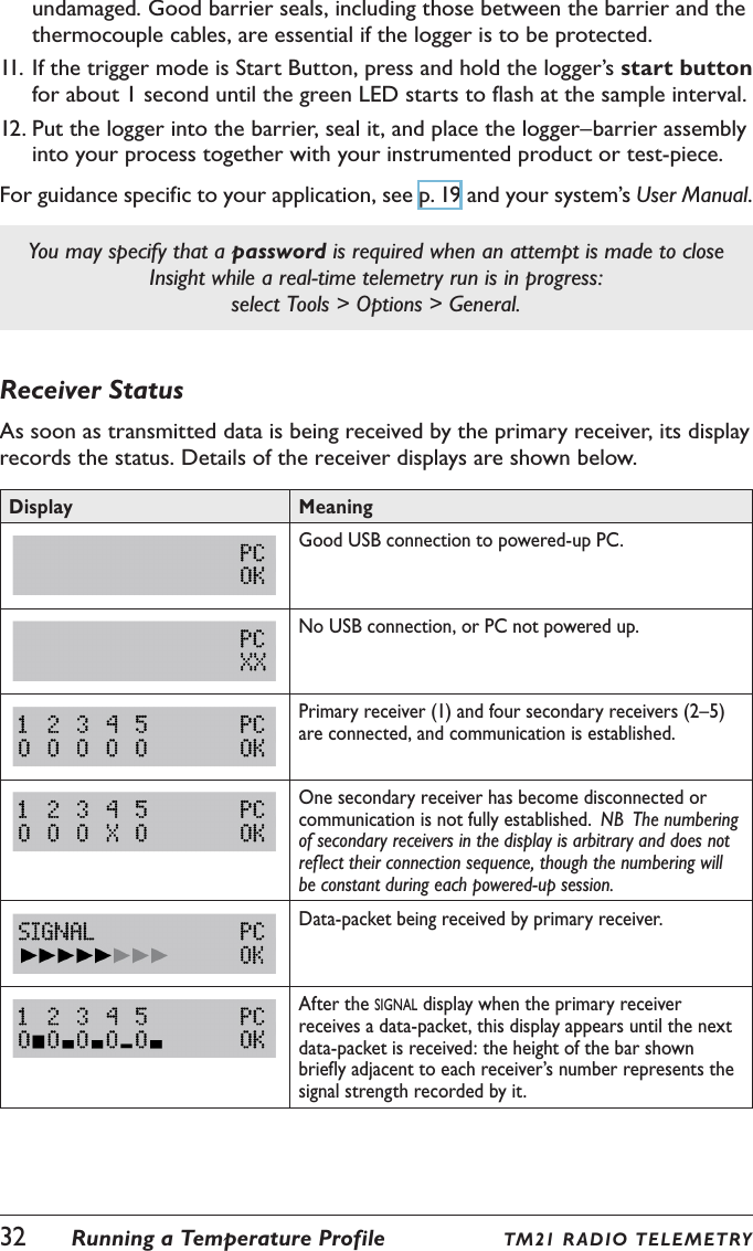32  Running a Temperature Profile TM21 R ADIO TE LE M ETRYundamaged. Good barrier seals, including those between the barrier and the thermocouple cables, are essential if the logger is to be protected.11. If the trigger mode is Start Button, press and hold the logger&rsquo;s start button for about 1 second until the green LED starts to flash at the sample interval.12. Put the logger into the barrier, seal it, and place the logger&ndash;barrier assembly into your process together with your instrumented product or test-piece.For guidance specific to your application, see p. 19 and your system&rsquo;s User Manual.You may specify that a password is required when an attempt is made to close Insight while a real-time telemetry run is in progress:  select Tools > Options > General.Receiver StatusAs soon as transmitted data is being received by the primary receiver, its display records the status. Details of the receiver displays are shown below.Display MeaningGood USB connection to powered-up PC.No USB connection, or PC not powered up.Primary receiver (1) and four secondary receivers (2&ndash;5) are connected, and communication is established.One secondary receiver has become disconnected or communication is not fully established.  NB  The numbering of secondary receivers in the display is arbitrary and does not reflect their connection sequence, though the numbering will be constant during each powered-up session.Data-packet being received by primary receiver.After the signal display when the primary receiver receives a data-packet, this display appears until the next data-packet is received: the height of the bar shown briefly adjacent to each receiver&rsquo;s number represents the signal strength recorded by it.