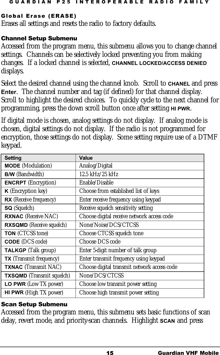 GUARDIAN P25 INTEROPERABLE RADIO FAMILY Guardian VHF Mobile 15 Global Erase (ERASE) Erases all settings and resets the radio to factory defaults. Channel Setup Submenu Accessed from the program menu, this submenu allows you to change channel settings.  Channels can be selectively locked preventing you from making changes.  If a locked channel is selected, CHANNEL LOCKED/ACCESS DENIED displays. Select the desired channel using the channel knob.  Scroll to CHANEL and press Enter.  The channel number and tag (if defined) for that channel display.  Scroll to highlight the desired choices.  To quickly cycle to the next channel for programming, press the down scroll button once after setting HI PWR. If digital mode is chosen, analog settings do not display.  If analog mode is chosen, digital settings do not display.  If the radio is not programmed for encryption, those settings do not display.  Some setting require use of a DTMF keypad. Setting  Value MODE (Modulation)   Analog/Digital B/W (Bandwidth) 12.5 kHz/25 kHz ENCRPT (Encryption) Enable/Disable K (Encryption key)  Choose from established list of keys RX (Receive frequency)  Enter receive frequency using keypad SQ (Squelch) Receive squelch sensitivity setting RXNAC (Receive NAC)  Choose digital receive network access code RXSQMD (Receive squelch) None/Noise/DCS/CTCSS TON (CTCSS tone)  Choose CTCSS squelch tone CODE (DCS code)  Choose DCS code TALKGP (Talk group) Enter 5-digit number of talk group TX (Transmit frequency)  Enter transmit frequency using keypad TXNAC (Transmit NAC)  Choose digital transmit network access code TXSQMD (Transmit squelch) None/DCS/CTCSS LO PWR (Low TX power) Choose low transmit power setting HI PWR (High TX power) Choose high transmit power setting Scan Setup Submenu Accessed from the program menu, this submenu sets basic functions of scan delay, revert mode, and priority-scan channels.  Highlight SCAN and press 
