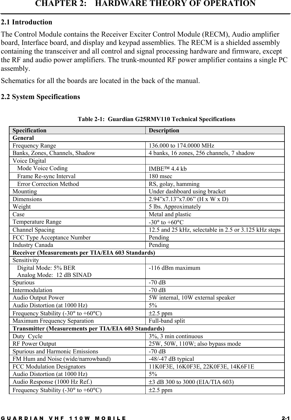 GUARDIAN VHF 110W MOBILE  2-1 CHAPTER 2:    HARDWARE THEORY OF OPERATION 2.1 Introduction The Control Module contains the Receiver Exciter Control Module (RECM), Audio amplifier board, Interface board, and display and keypad assemblies. The RECM is a shielded assembly containing the transceiver and all control and signal processing hardware and firmware, except the RF and audio power amplifiers. The trunk-mounted RF power amplifier contains a single PC assembly.  Schematics for all the boards are located in the back of the manual. 2.2 System Specifications  Table 2-1:  Guardian G25RMV110 Technical Specifications Specification  Description General Frequency Range  136.000 to 174.0000 MHz Banks, Zones, Channels, Shadow  4 banks, 16 zones, 256 channels, 7 shadow Voice Digital      Mode Voice Coding  IMBE 4.4 kb    Frame Re-sync Interval  180 msec    Error Correction Method  RS, golay, hamming Mounting  Under dashboard using bracket Dimensions   2.94”x7.13”x7.06” (H x W x D) Weight 5 lbs. Approximately Case Metal and plastic Temperature Range  -30° to +60°C Channel Spacing  12.5 and 25 kHz, selectable in 2.5 or 3.125 kHz steps FCC Type Acceptance Number  Pending Industry Canada  Pending Receiver (Measurements per TIA/EIA 603 Standards) Sensitivity       Digital Mode: 5% BER    Analog Mode:  12 dB SINAD -116 dBm maximum Spurious -70 dB Intermodulation -70 dB  Audio Output Power  5W internal, 10W external speaker Audio Distortion (at 1000 Hz)  5% Frequency Stability (-30° to +60°C)  ±2.5 ppm  Maximum Frequency Separation  Full-band split Transmitter (Measurements per TIA/EIA 603 Standards)  Duty  Cycle  3%, 3 min continuous RF Power Output  25W, 50W, 110W; also bypass mode Spurious and Harmonic Emissions  -70 dB FM Hum and Noise (wide/narrowband)  -48/-47 dB typical FCC Modulation Designators  11K0F3E, 16K0F3E, 22K0F3E, 14K6F1E Audio Distortion (at 1000 Hz)  5% Audio Response (1000 Hz Ref.)  ±3 dB 300 to 3000 (EIA/TIA 603) Frequency Stability (-30° to +60°C)  ±2.5 ppm 