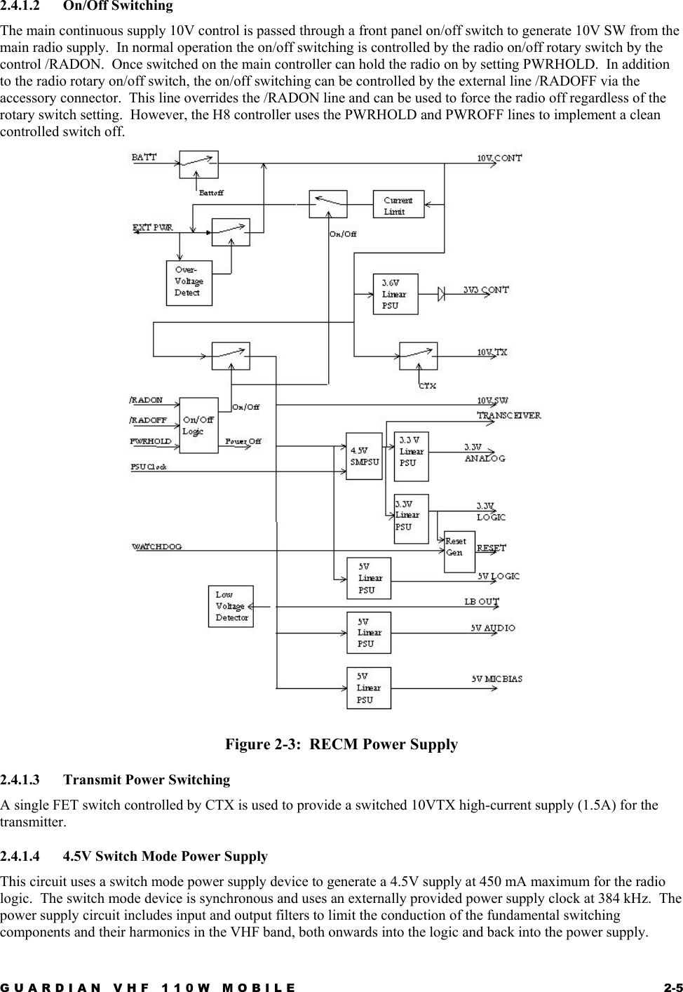 GUARDIAN VHF 110W MOBILE  2-5 2.4.1.2 On/Off Switching The main continuous supply 10V control is passed through a front panel on/off switch to generate 10V SW from the main radio supply.  In normal operation the on/off switching is controlled by the radio on/off rotary switch by the control /RADON.  Once switched on the main controller can hold the radio on by setting PWRHOLD.  In addition to the radio rotary on/off switch, the on/off switching can be controlled by the external line /RADOFF via the accessory connector.  This line overrides the /RADON line and can be used to force the radio off regardless of the rotary switch setting.  However, the H8 controller uses the PWRHOLD and PWROFF lines to implement a clean controlled switch off.  Figure 2-3:  RECM Power Supply  2.4.1.3  Transmit Power Switching A single FET switch controlled by CTX is used to provide a switched 10VTX high-current supply (1.5A) for the transmitter. 2.4.1.4  4.5V Switch Mode Power Supply This circuit uses a switch mode power supply device to generate a 4.5V supply at 450 mA maximum for the radio logic.  The switch mode device is synchronous and uses an externally provided power supply clock at 384 kHz.  The power supply circuit includes input and output filters to limit the conduction of the fundamental switching components and their harmonics in the VHF band, both onwards into the logic and back into the power supply. 