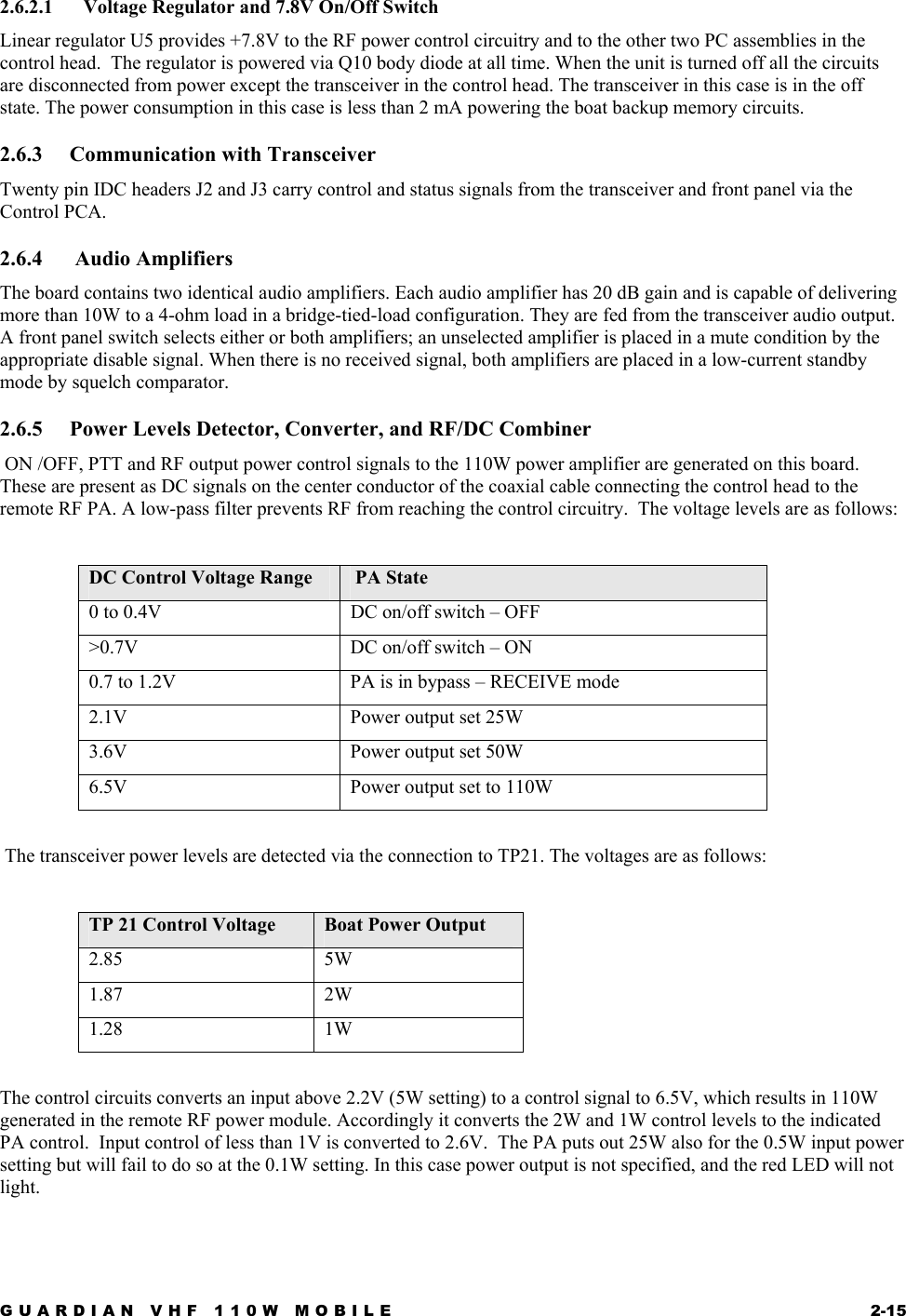 GUARDIAN VHF 110W MOBILE  2-15 2.6.2.1  Voltage Regulator and 7.8V On/Off Switch Linear regulator U5 provides +7.8V to the RF power control circuitry and to the other two PC assemblies in the control head.  The regulator is powered via Q10 body diode at all time. When the unit is turned off all the circuits are disconnected from power except the transceiver in the control head. The transceiver in this case is in the off state. The power consumption in this case is less than 2 mA powering the boat backup memory circuits.  2.6.3  Communication with Transceiver Twenty pin IDC headers J2 and J3 carry control and status signals from the transceiver and front panel via the Control PCA. 2.6.4   Audio Amplifiers The board contains two identical audio amplifiers. Each audio amplifier has 20 dB gain and is capable of delivering more than 10W to a 4-ohm load in a bridge-tied-load configuration. They are fed from the transceiver audio output. A front panel switch selects either or both amplifiers; an unselected amplifier is placed in a mute condition by the appropriate disable signal. When there is no received signal, both amplifiers are placed in a low-current standby mode by squelch comparator.  2.6.5  Power Levels Detector, Converter, and RF/DC Combiner  ON /OFF, PTT and RF output power control signals to the 110W power amplifier are generated on this board. These are present as DC signals on the center conductor of the coaxial cable connecting the control head to the remote RF PA. A low-pass filter prevents RF from reaching the control circuitry.  The voltage levels are as follows:  DC Control Voltage Range   PA State 0 to 0.4V  DC on/off switch – OFF &gt;0.7V  DC on/off switch – ON 0.7 to 1.2V  PA is in bypass – RECEIVE mode 2.1V  Power output set 25W  3.6V  Power output set 50W 6.5V  Power output set to 110W    The transceiver power levels are detected via the connection to TP21. The voltages are as follows:  TP 21 Control Voltage  Boat Power Output 2.85 5W 1.87 2W 1.28 1W  The control circuits converts an input above 2.2V (5W setting) to a control signal to 6.5V, which results in 110W generated in the remote RF power module. Accordingly it converts the 2W and 1W control levels to the indicated PA control.  Input control of less than 1V is converted to 2.6V.  The PA puts out 25W also for the 0.5W input power setting but will fail to do so at the 0.1W setting. In this case power output is not specified, and the red LED will not light. 