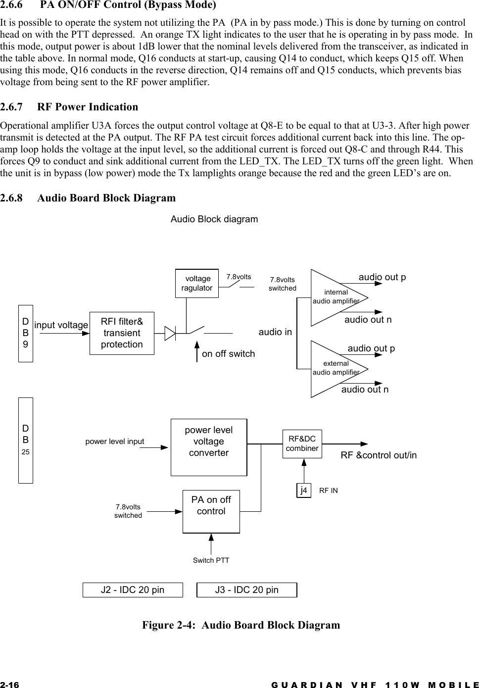 2-16  GUARDIAN VHF 110W MOBILE  2.6.6   PA ON/OFF Control (Bypass Mode) It is possible to operate the system not utilizing the PA  (PA in by pass mode.) This is done by turning on control head on with the PTT depressed.  An orange TX light indicates to the user that he is operating in by pass mode.  In this mode, output power is about 1dB lower that the nominal levels delivered from the transceiver, as indicated in the table above. In normal mode, Q16 conducts at start-up, causing Q14 to conduct, which keeps Q15 off. When using this mode, Q16 conducts in the reverse direction, Q14 remains off and Q15 conducts, which prevents bias voltage from being sent to the RF power amplifier. 2.6.7  RF Power Indication Operational amplifier U3A forces the output control voltage at Q8-E to be equal to that at U3-3. After high power transmit is detected at the PA output. The RF PA test circuit forces additional current back into this line. The op-amp loop holds the voltage at the input level, so the additional current is forced out Q8-C and through R44. This forces Q9 to conduct and sink additional current from the LED_TX. The LED_TX turns off the green light.  When the unit is in bypass (low power) mode the Tx lamplights orange because the red and the green LED’s are on. 2.6.8  Audio Board Block Diagram Audio Block diagramRFI filter&amp;transientprotectionon off switch voltageragulator7.8volts 7.8voltsswitched internalaudio amplifierexternalaudio amplifieraudio inpower levelvoltageconverterRF&amp;DCcombinerRF INRF &amp;control out/inDB9DB25J2 - IDC 20 pin J3 - IDC 20 pinPA on offcontrolSwitch PTT7.8voltsswitchedinput voltageaudio out paudio out naudio out paudio out nj4power level input Figure 2-4:  Audio Board Block Diagram   