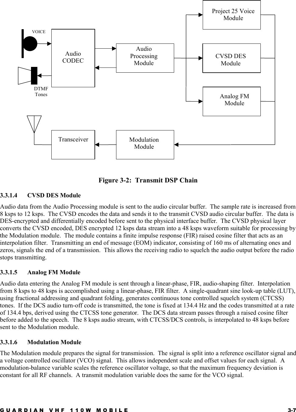 GUARDIAN VHF 110W MOBILE  3-7     Figure 3-2:  Transmit DSP Chain 3.3.1.4  CVSD DES Module Audio data from the Audio Processing module is sent to the audio circular buffer.  The sample rate is increased from 8 ksps to 12 ksps.  The CVSD encodes the data and sends it to the transmit CVSD audio circular buffer.  The data is DES-encrypted and differentially encoded before sent to the physical interface buffer.  The CVSD physical layer converts the CVSD encoded, DES encrypted 12 ksps data stream into a 48 ksps waveform suitable for processing by the Modulation module.  The module contains a finite impulse response (FIR) raised cosine filter that acts as an interpolation filter.  Transmitting an end of message (EOM) indicator, consisting of 160 ms of alternating ones and zeros, signals the end of a transmission.  This allows the receiving radio to squelch the audio output before the radio stops transmitting. 3.3.1.5 Analog FM Module Audio data entering the Analog FM module is sent through a linear-phase, FIR, audio-shaping filter.  Interpolation from 8 ksps to 48 ksps is accomplished using a linear-phase, FIR filter.  A single-quadrant sine look-up table (LUT), using fractional addressing and quadrant folding, generates continuous tone controlled squelch system (CTCSS) tones.  If the DCS audio turn-off code is transmitted, the tone is fixed at 134.4 Hz and the codes transmitted at a rate of 134.4 bps, derived using the CTCSS tone generator.  The DCS data stream passes through a raised cosine filter before added to the speech.  The 8 ksps audio stream, with CTCSS/DCS controls, is interpolated to 48 ksps before sent to the Modulation module. 3.3.1.6 Modulation Module The Modulation module prepares the signal for transmission.  The signal is split into a reference oscillator signal and a voltage controlled oscillator (VCO) signal.  This allows independent scale and offset values for each signal.  A modulation-balance variable scales the reference oscillator voltage, so that the maximum frequency deviation is constant for all RF channels.  A transmit modulation variable does the same for the VCO signal. CVSD DESModuleAudioCODECTransceiverAudioProcessingModuleModulationModuleProject 25 VoiceModuleAnalog FMModuleVOICEDTMFTones