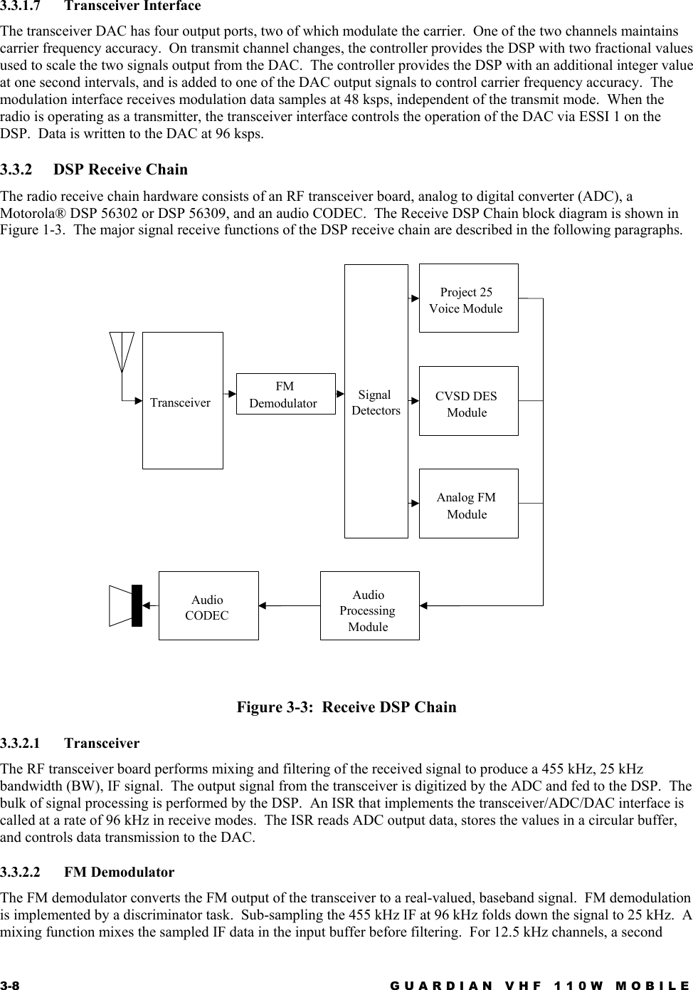 3-8  GUARDIAN VHF 110W MOBILE  3.3.1.7 Transceiver Interface The transceiver DAC has four output ports, two of which modulate the carrier.  One of the two channels maintains carrier frequency accuracy.  On transmit channel changes, the controller provides the DSP with two fractional values used to scale the two signals output from the DAC.  The controller provides the DSP with an additional integer value at one second intervals, and is added to one of the DAC output signals to control carrier frequency accuracy.  The modulation interface receives modulation data samples at 48 ksps, independent of the transmit mode.  When the radio is operating as a transmitter, the transceiver interface controls the operation of the DAC via ESSI 1 on the DSP.  Data is written to the DAC at 96 ksps. 3.3.2  DSP Receive Chain The radio receive chain hardware consists of an RF transceiver board, analog to digital converter (ADC), a Motorola® DSP 56302 or DSP 56309, and an audio CODEC.  The Receive DSP Chain block diagram is shown in Figure 1-3.  The major signal receive functions of the DSP receive chain are described in the following paragraphs.   Figure 3-3:  Receive DSP Chain 3.3.2.1 Transceiver The RF transceiver board performs mixing and filtering of the received signal to produce a 455 kHz, 25 kHz bandwidth (BW), IF signal.  The output signal from the transceiver is digitized by the ADC and fed to the DSP.  The bulk of signal processing is performed by the DSP.  An ISR that implements the transceiver/ADC/DAC interface is called at a rate of 96 kHz in receive modes.  The ISR reads ADC output data, stores the values in a circular buffer, and controls data transmission to the DAC. 3.3.2.2 FM Demodulator The FM demodulator converts the FM output of the transceiver to a real-valued, baseband signal.  FM demodulation is implemented by a discriminator task.  Sub-sampling the 455 kHz IF at 96 kHz folds down the signal to 25 kHz.  A mixing function mixes the sampled IF data in the input buffer before filtering.  For 12.5 kHz channels, a second CVSD DES Module Audio CODEC Transceiver Audio Processing Module FM Demodulator Project 25 Voice Module Analog FM Module Signal Detectors 