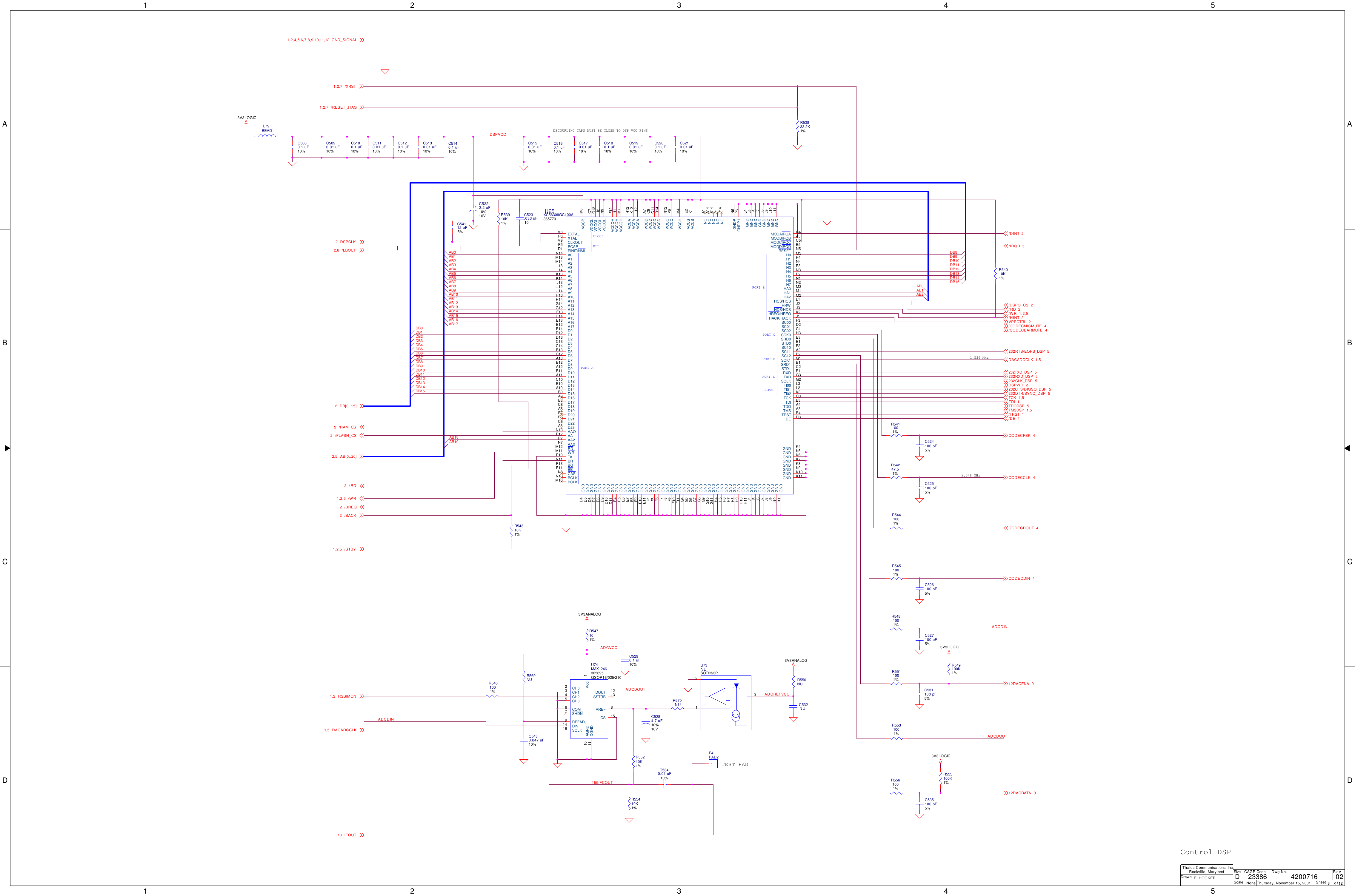 1122334455A AB BC CD D455IFCOUTADCDINADCDOUTAB10AB3DB13AB18DB15AB2AB0 DB9DB6AB17AB16DB13AB11AB9AB6AB2DB12DB0DB15DB14AB1AB19DB8DB14DB11DB5AB8DB9AB7AB5AB4DB10DB8AB0DB12DB10DB3AB12AB1DB11DB7DB4DB2AB15AB13DB1AB14ADCVCCADCREFVCCADCDOUTADCDINDSPVCC3V3LOGIC3V3ANALOG3V3ANALOG3V3LOGIC3V3LOGICDACADCCLK1,5IFOUT10/RD2/WR1,2,5/BREQ2/BACK2/STBY1,2,5DSPCLK2/LBOUT2,6DB[0..15]2AB[0..20]2,5/FLASH_CS2/RAM_CS2RSSIMON1,212DACDATA 9/DSPO_CS 2CODECFSK 4232RXD_DSP 5/RESET_JTAG1,2,7/IRQD 5TDI 1/HINT 2232TXD_DSP 5CODECDOUT 4CODECCLK 4DACADCCLK 1,5232CTS/DIGSQ_DSP 5/DINT 2VPPCTRL 2TCK 1,5/DE 1CODECDIN 4DSPWD 2/CODECEARMUTE 4232RTS/EORS_DSP 5232DTR/SYNC_DSP 5/TRST 112DACENA 9/WR 1,2,5TDODSP 5/CODECMICMUTE 4/XRST1,2,7/RD 2232CLK_DSP 5TMSDSP 1,5GND_SIGNAL1,2,4,5,6,7,8,9,10,11,12ScaleRevSheet ofSizeCAGE Code Dwg No.None23386DrawnThales Communications, Inc.Rockville, MarylandThursday, November 15, 2001 3 12024200716E. HOOKERDDECOUPLING CAPS MUST BE CLOSE TO DSP VCC PINS1.536 MHz2.048 MHzControl DSPTEST PADR5411001%C523.033 uF10R54247.51%C5430.047 uF10%R5441001%C5340.01 uF10%R53910K1%R5451001%R549100K1%R555100K1%R5481001%C5290.1 uF10%R5511001%R5531001%R5561001%C5210.01 uF10%C5200.1 uF10%C5190.01 uF10%C5170.01 uF10%C5180.1 uF10%U74MAX1246365695QSOP16/025/210CH02CH13CH24CH35COM6SHDN7VREF 8REFADJ9DIN14SCLK16Vdd 1AGND10DGND11DOUT 12SSTRB 13CS 15C5160.1 uF10%C5150.01 uF10%C54112 pF5%R547101%C5140.1 uF10%+C5284.7 uF10%10VC5130.01 uF10%C5120.1 uF10%C5110.01 uF10%C5100.1 uF10%C5090.01 uF10%+C5222.2 uF10%10VC5080.1 uF10%E4PAD21L79BEADR54010K1%R5461001%R55210K1%R569NU R550NUC525100 pF5%C532NUC526100 pF5%C527100 pF5%C531100 pF5%C535100 pF5%CLOCKPLLPORT ATIMERPORT EPORT DPORT CPORT BU65XC56309GC100A365770GNDD4GNDD5GNDD6GNDD7GNDD8GNDD9GNDD10GNDD11EXTALM8XTALP8CLKOUTM9PCAPP5GNDE4GNDE5GNDE6GNDE7GNDE8GNDE9GNDE10GNDE11GNDF4VCCQL N9VCCQH M7VCCP M6VCCH M4VCCA L12VCCA K12VCCS K1VCCA H12VCCQL H2VCCQH H1VCCQL G13VCCQH F12VCCS E2VCCD D14VCCD C11VCCD C9VCCQL C7VCCD A7PINIT/NMID1A0N14A1M13A2M14A3L13A4L14A5K13A6K14A7J13A8J12A9J14A10H13A11H14A12G14A13G12A14F13A15F14A16E13A17E12D0E14D1D12D2D13D3C13D4C14D5B13D6C12D7A13D8B12D9A12D10B11D11A11D12C10D13B10D14A10D15B9D16A9D17B8D18C8D19A8D20B7D21B6D22C6D23A6AAON13AA1P12AA2P7AA3N7RDM12WRM11TAP10BRN11BGP13BBP11CASN8BCLKN10BCLKM10GNDF5MODAIRQA C4MODBIRQB A5MODCIRQC C5MODDIRQD B5RESET N5H0 M5H1 P4H2 N4H3 P3H4 N3H5 P2H6 N1H7 N2HA0 M3HA1 M1HA2 M2HCS/HCS L1HRW J2HDS/HDS J3HREQ/HREQ K2HACK/HACK J1SC00 F3SC01 D2SC02 C1SCK0 H3SRD0 E3STD0 E1SC10 F2SC11 A2SC12 B2SCK1 G1SRD1 B1STD1 C2RXD F1TXD G3SCLK G2TI00 L3TI01 L2TI02 K3TCK C3TDI B3TDO A4TMS A3TRST B4DE D3NC A1NC A14GNDG4NC B14GNDF6GNDF7GNDF8GNDF9GNDF10GNDF11GNDG5GNDG6GNDG7GNDG8GNDG9GNDG10GNDG11GNDH4GNDH5GNDH6GNDH7GNDH8GNDH9GNDH10GNDH11GNDJ4GNDJ5GNDJ6GNDJ7GNDJ8GNDJ9GNDJ10GNDJ11GND K4GND K5GND K6GND K7GND K8GND K9GND K10GND K11GND L4GND L5GND L6GND L7GND L8GND L9GND L10GND L11GNDP N6VCCC N12NC P1GNDP1 P6VCCC P9NC P14+-U73NUSOT23/3P123R54310K1%R570NUR53833.2K1%R55410K1%C524100 pF5%