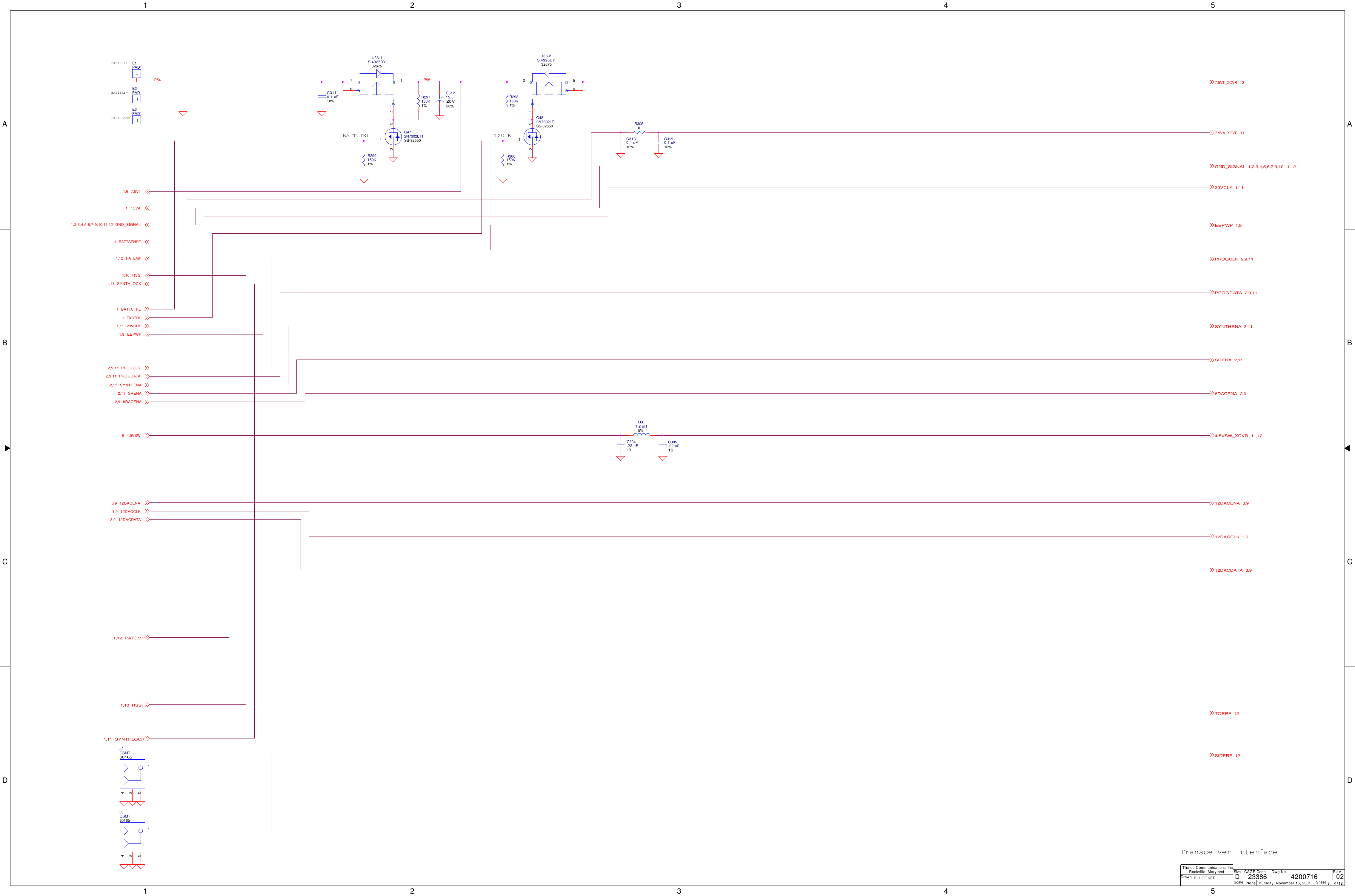 1122334455A AB BC CD DP54 P55GND_SIGNAL 1,2,3,4,5,6,7,9,10,11,127.5VA_XCVR 11PATEMP1,12RSSI1,10SYNTHLOCK1,11TOPRF 12SYNTHENA 2,11SRENA 2,114.5VSW_XCVR 11,1212DACENA 3,912DACCLK 1,912DACDATA 3,9PROGCLK 2,9,11PROGDATA 2,9,11SIDERF 127.5VT1,6GND_SIGNAL1,2,3,4,5,6,7,9,10,11,12BATTSENSE1PATEMP1,12RSSI1,10SYNTHLOCK1,11BATTCTRL1TXCTRL120VCLK1,11PROGCLK2,9,11PROGDATA2,9,11SYNTHENA2,11SRENA2,114.5VSW612DACENA3,912DACCLK1,912DACDATA3,98DACENA2,97.5VT_XCVR 1220VCLK 1,11EEPWP 1,98DACENA 2,9EEPWP1,97.5VA1ScaleRevSheet ofSizeCAGE Code Dwg No.None23386DrawnThales Communications, Inc.Rockville, MarylandThursday, November 15, 2001 8 12024200716E. HOOKERDBATTCTRL TXCTRLBATTERY+BATTERY-BATTSENSETransceiver InterfaceE2PAD11U36-2Si4925DY32675G4S3D5D6E3PAD11E1PAD11C3110.1 uF10%R299150K1%R297150K1%R298150K1%R300150K1%+C31215 uF20%20VJ2OSMT601651234Q472N7002LT1SS-32550132J3OSMT601651234Q482N7002LT1SS-32550132C3180.1 uF10%R3060C3190.1 uF10%U36-1Si4925DY32675G2S1D7D8C304.22 uF10L661.2 uH5%C305.22 uF10