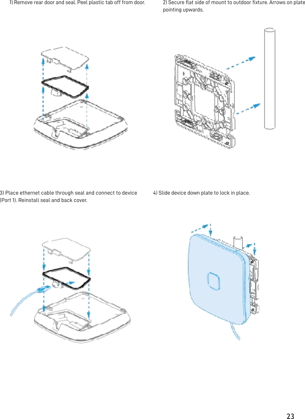 &quot;   231) Remove rear door and seal. Peel plastic tab off from door. 2) Secure ﬂat side of mount to outdoor ﬁxture. Arrows on plate pointing upwards. 3) Place ethernet cable through seal and connect to device (Port 1). Reinstall seal and back cover. 4) Slide device down plate to lock in place. 