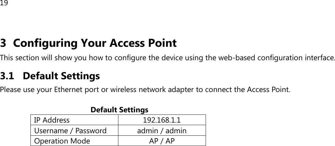 19  3 Configuring Your Access Point This section will show you how to configure the device using the web-based configuration interface. 3.1 Default Settings Please use your Ethernet port or wireless network adapter to connect the Access Point.                                             Default Settings IP Address 192.168.1.1 Username / Password admin / admin Operation Mode AP / AP     
