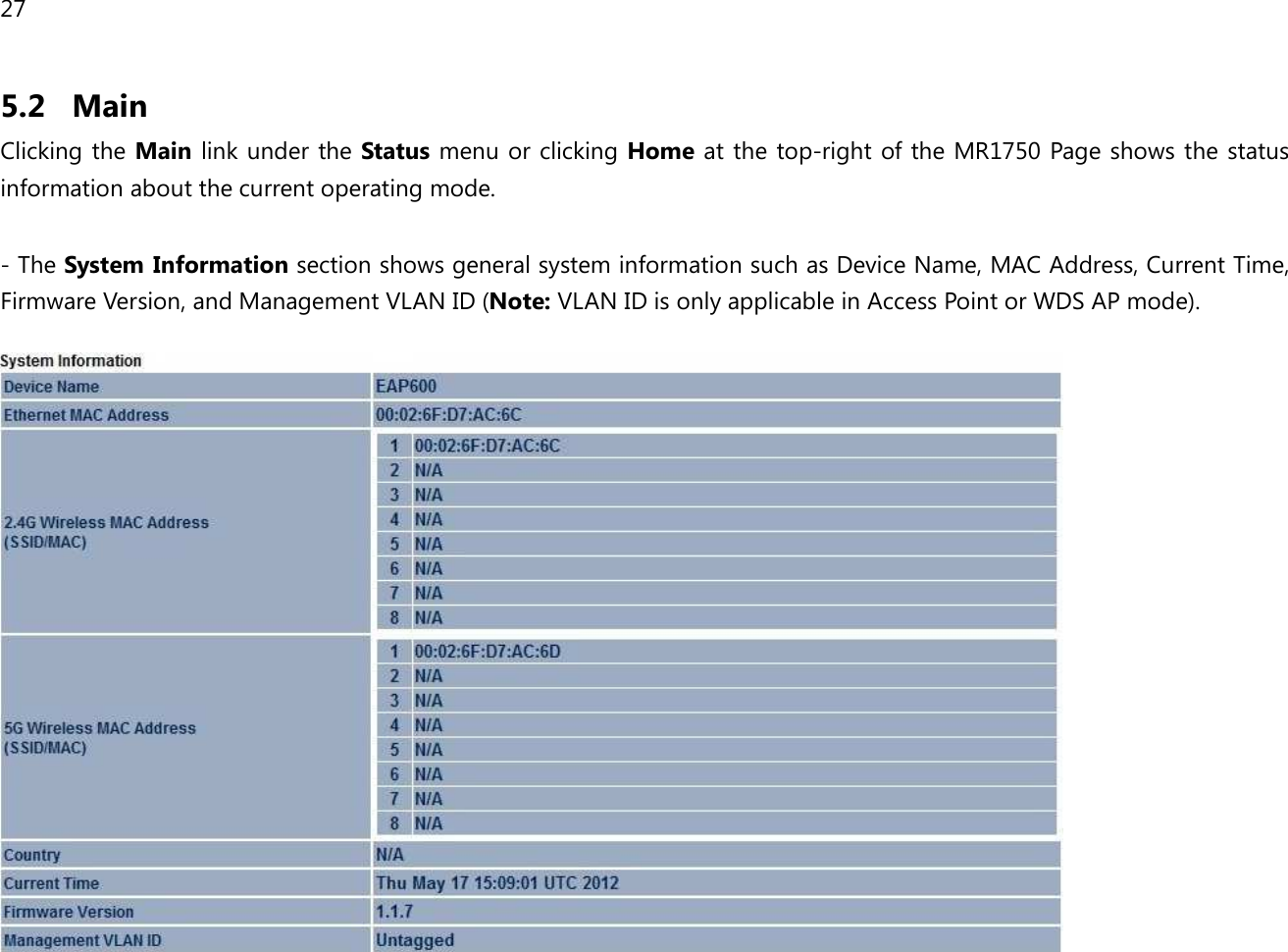 27  5.2 Main Clicking the Main link under the Status menu or clicking Home at the top-right of the MR1750 Page shows the status information about the current operating mode.     - The System Information section shows general system information such as Device Name, MAC Address, Current Time, Firmware Version, and Management VLAN ID (Note: VLAN ID is only applicable in Access Point or WDS AP mode).     