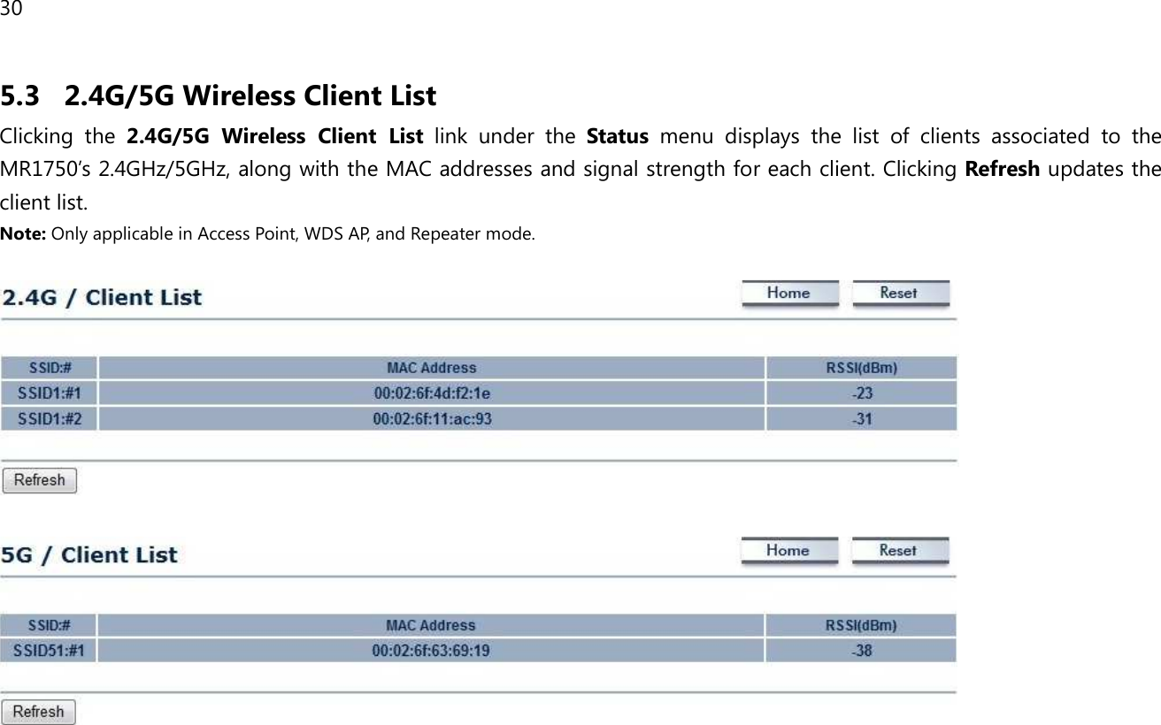 30  5.3 2.4G/5G Wireless Client List Clicking  the  2.4G/5G  Wireless  Client  List  link  under  the  Status  menu  displays  the  list  of  clients  associated  to  the MR1750’s 2.4GHz/5GHz, along with the MAC addresses and signal strength for each client. Clicking Refresh updates the client list. Note: Only applicable in Access Point, WDS AP, and Repeater mode.      
