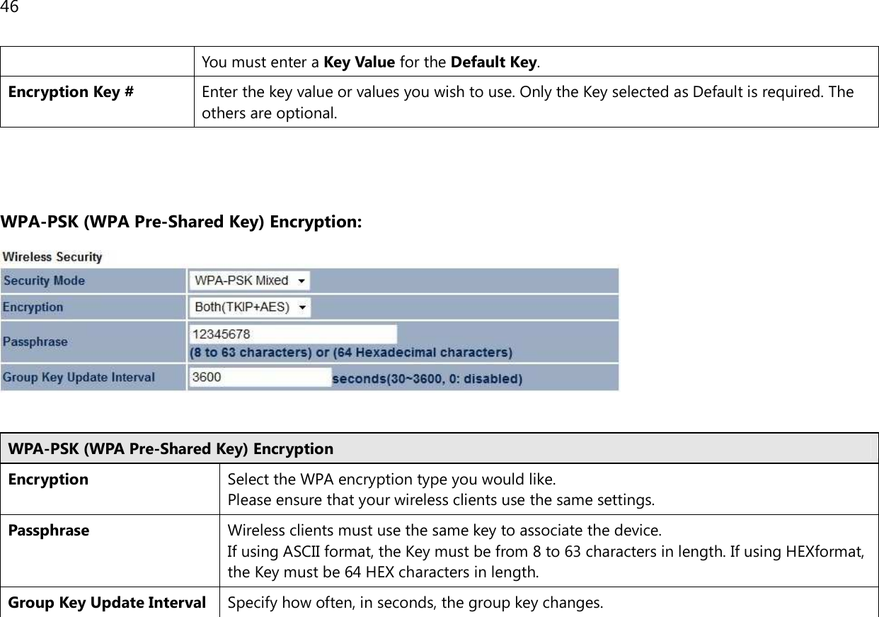 46  You must enter a Key Value for the Default Key. Encryption Key # Enter the key value or values you wish to use. Only the Key selected as Default is required. The others are optional.   WPA-PSK (WPA Pre-Shared Key) Encryption:    WPA-PSK (WPA Pre-Shared Key) Encryption Encryption Select the WPA encryption type you would like. Please ensure that your wireless clients use the same settings. Passphrase Wireless clients must use the same key to associate the device. If using ASCII format, the Key must be from 8 to 63 characters in length. If using HEXformat, the Key must be 64 HEX characters in length. Group Key Update Interval Specify how often, in seconds, the group key changes.   
